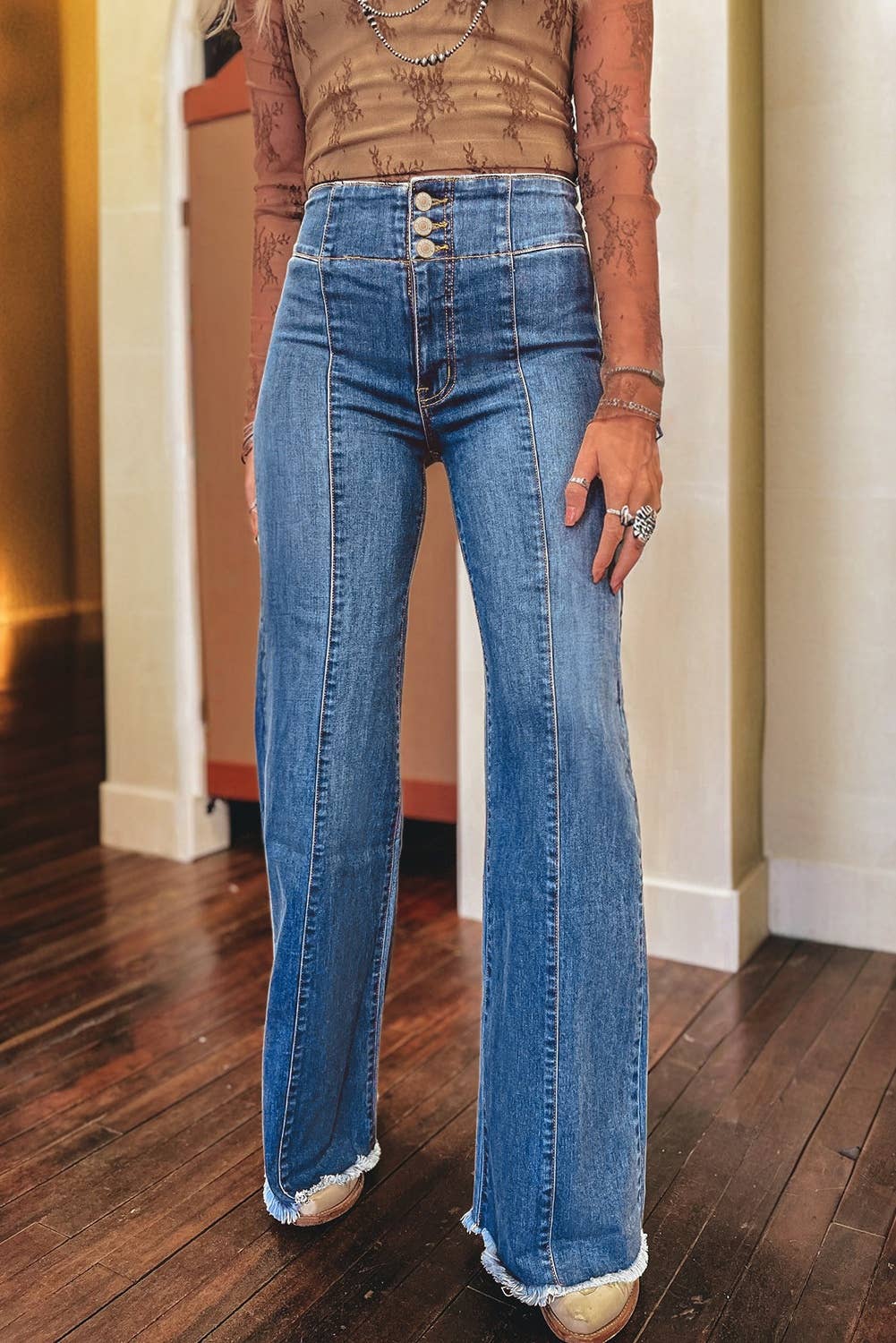 66Western High Waist Button Fly Seamed Raw Hem Flare Jeans