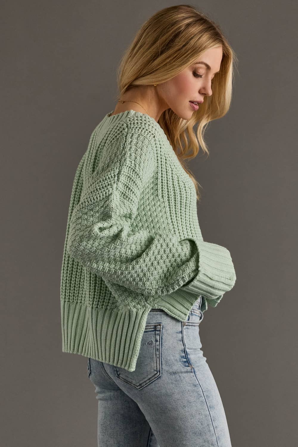 Mint Knit Cropped Button Up Cardigan