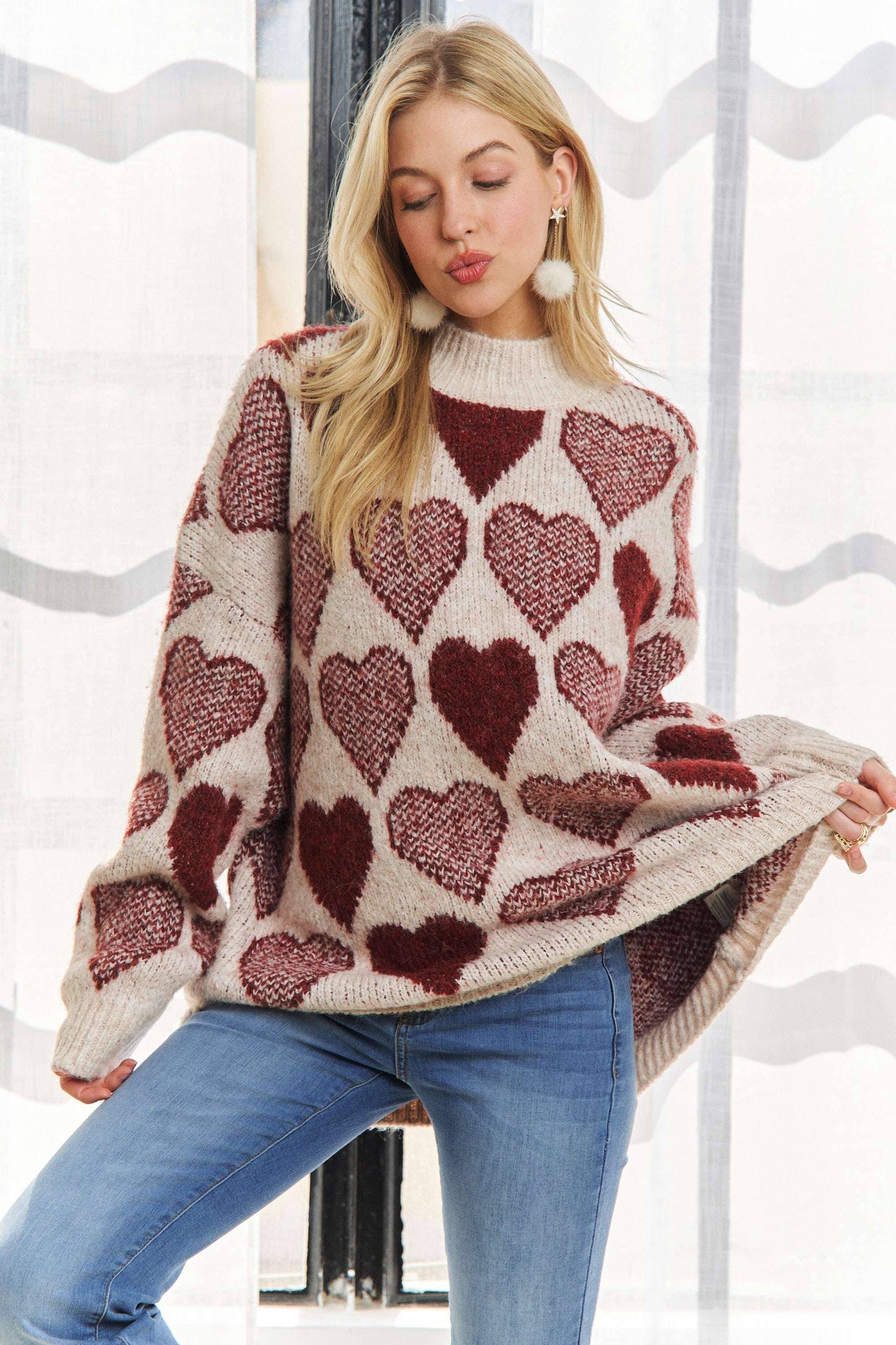 CESW2409 - MOCK NECK HEART PRINT PULLOVER SWEATER