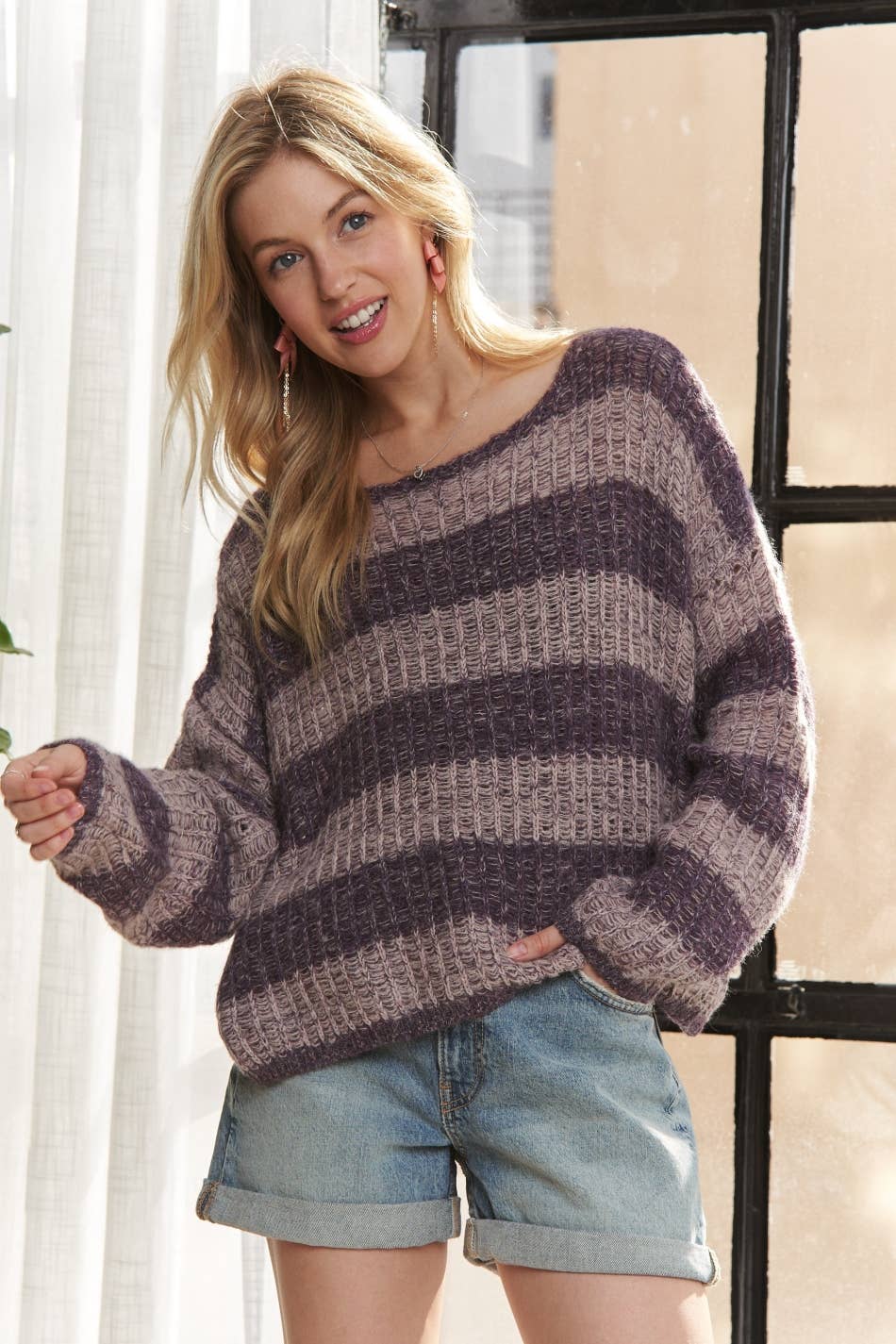 CESW3849-HORIZONTAL STRIPES KNIT TEXTURED SWEATER