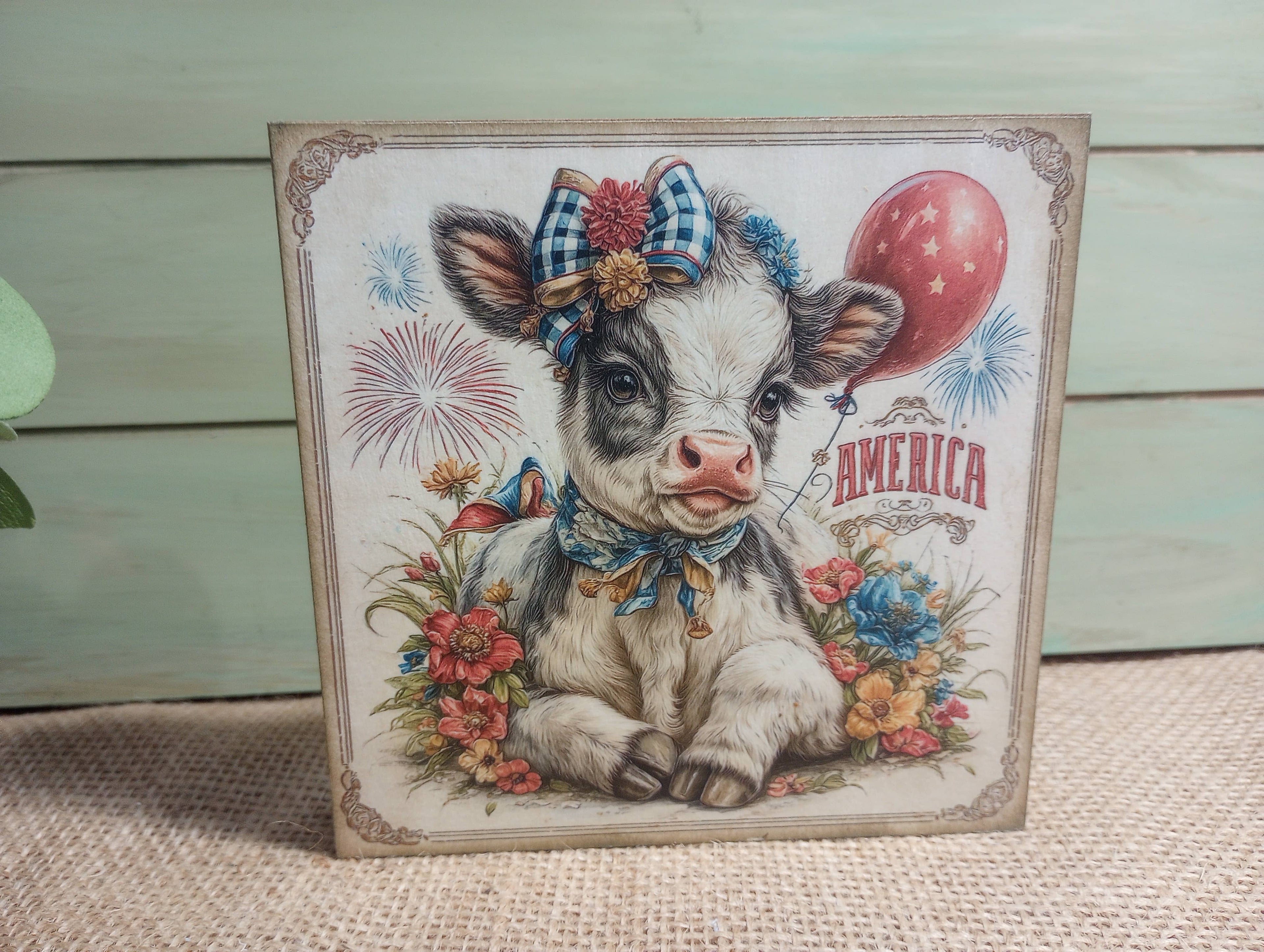 Highland Cow America Wood Block Sign - B