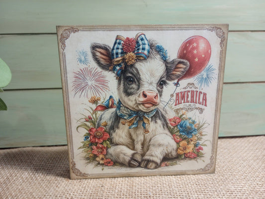 Highland Cow America Wood Block Sign - B