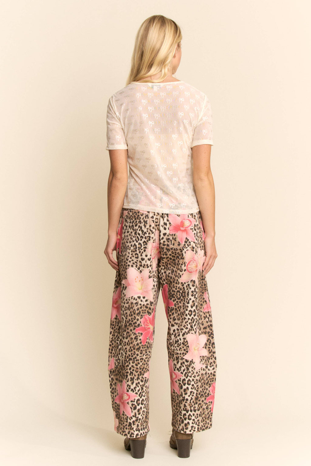 LEOPARD FLORAL PRINT RELAXED WIDE LEG PANTS