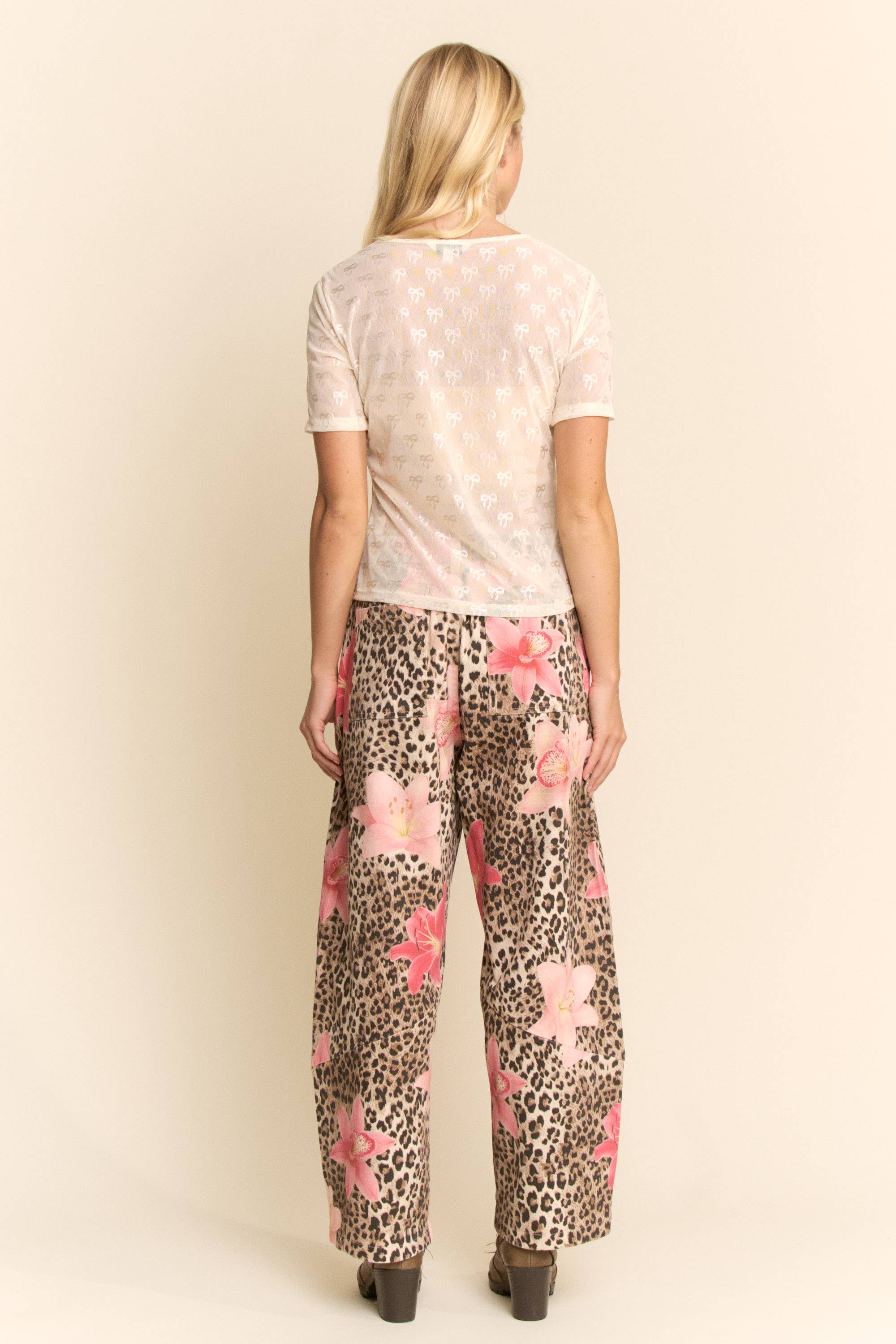 LEOPARD FLORAL PRINT RELAXED WIDE LEG PANTS