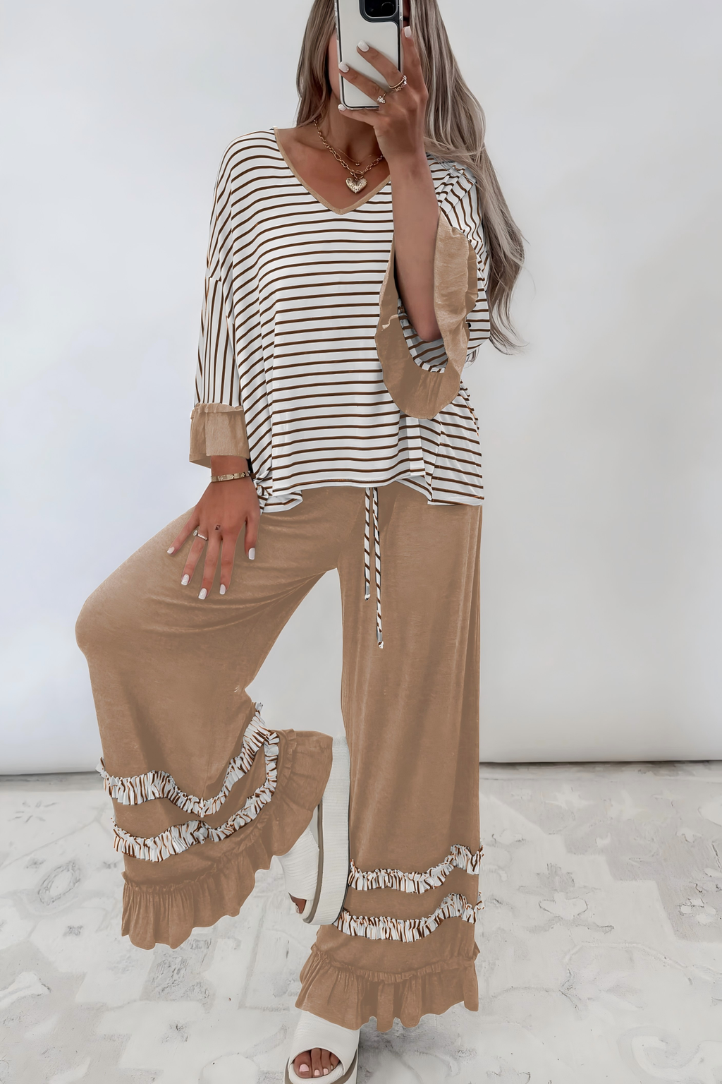 Stripe V Neck Ruffle Sleeve Drawstring Pants 2pcs Set (S-XL)