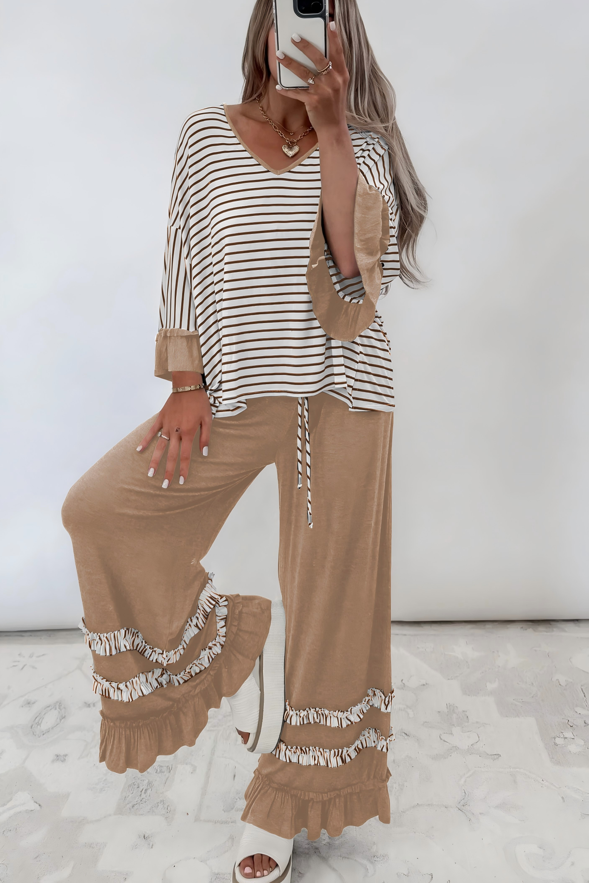Stripe V Neck Ruffle Sleeve Drawstring Pants 2pcs Set (S-XL)