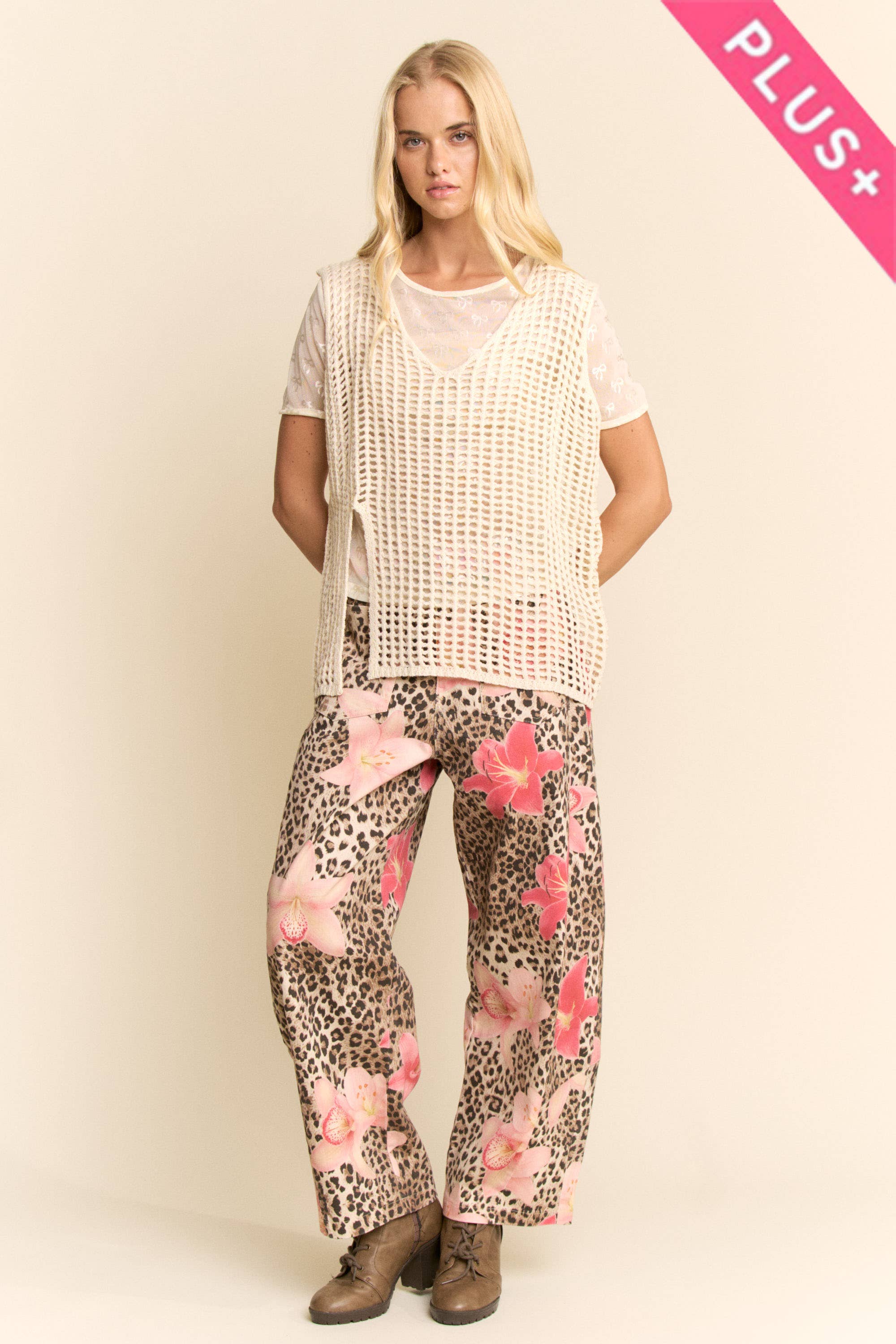 PLUS LEOPARD FLORAL PRINT RELAXED WIDE LEG PANTS