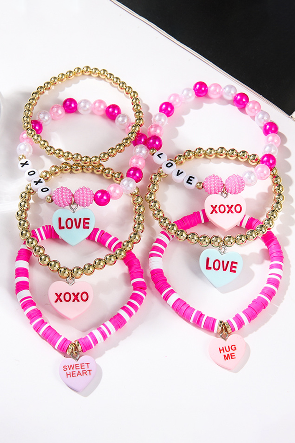Valentine Heart Pendant Beaded Elastic Bracelet Set