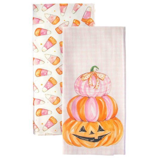 28" Pink Candy Corn Cotton Tea Towels S/2 Rosanne Beck Fall