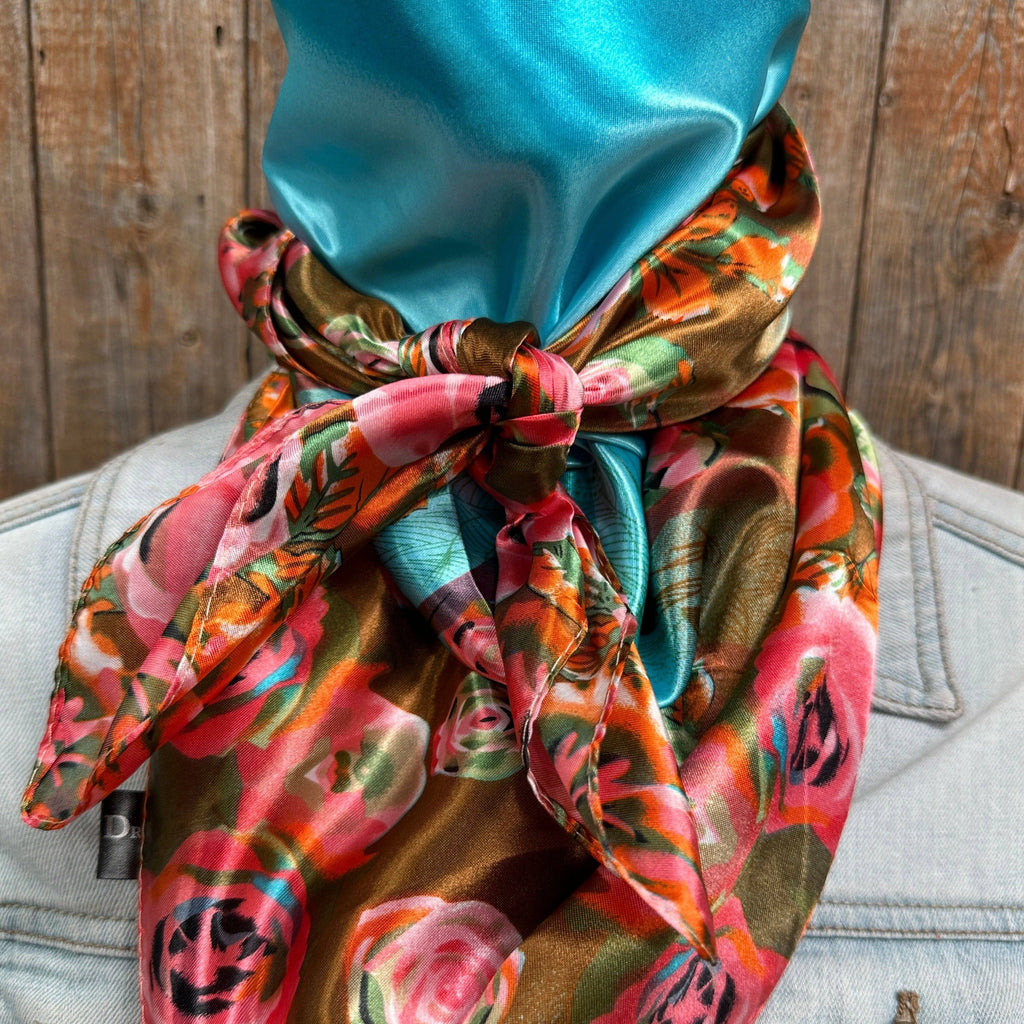 35X35"  Blue and Pink Roses Wild Rag / Scarf WR1005