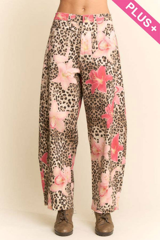 PLUS LEOPARD FLORAL PRINT RELAXED WIDE LEG PANTS