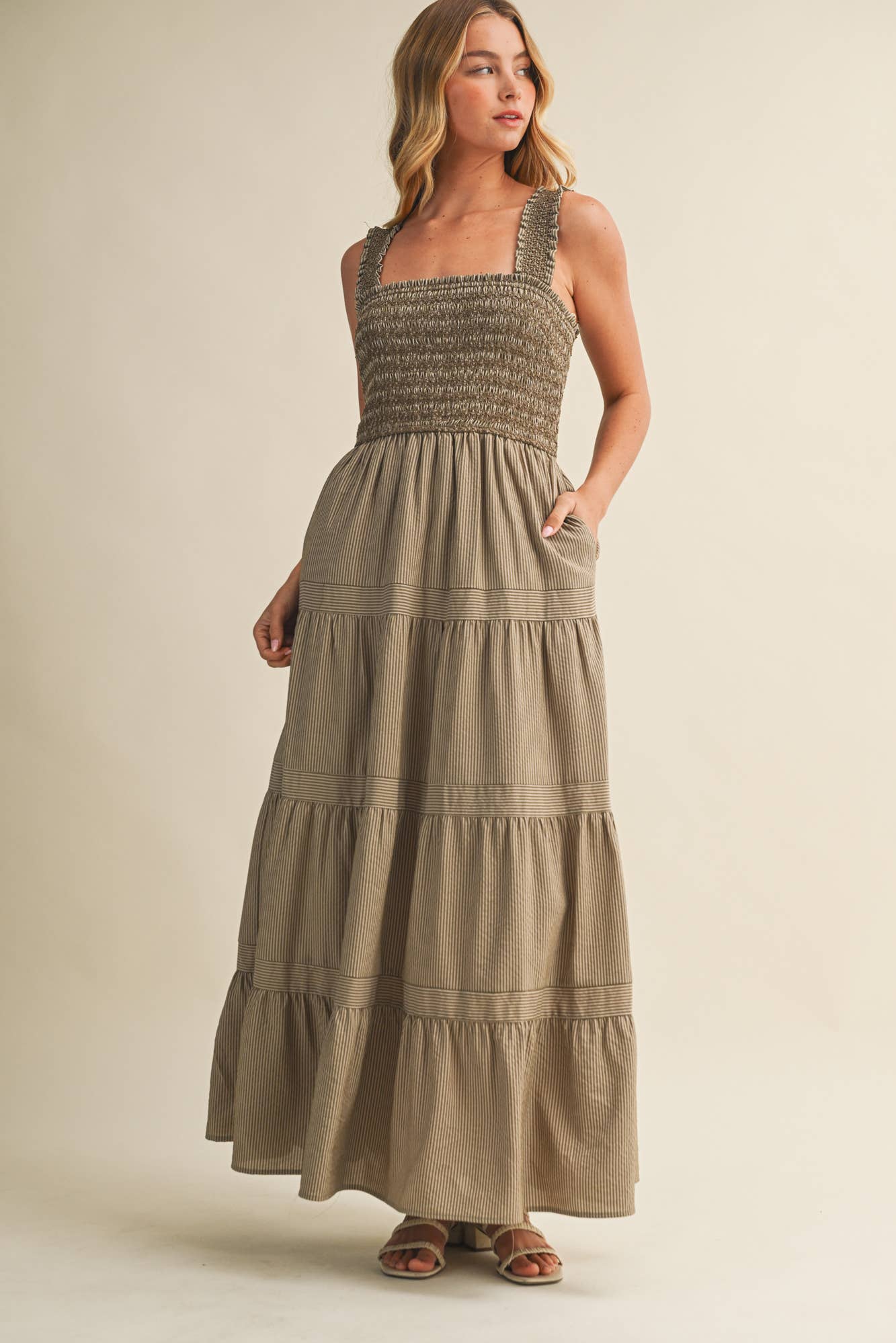 STRIPED SMOCKED-BODICE TIERED DRESS