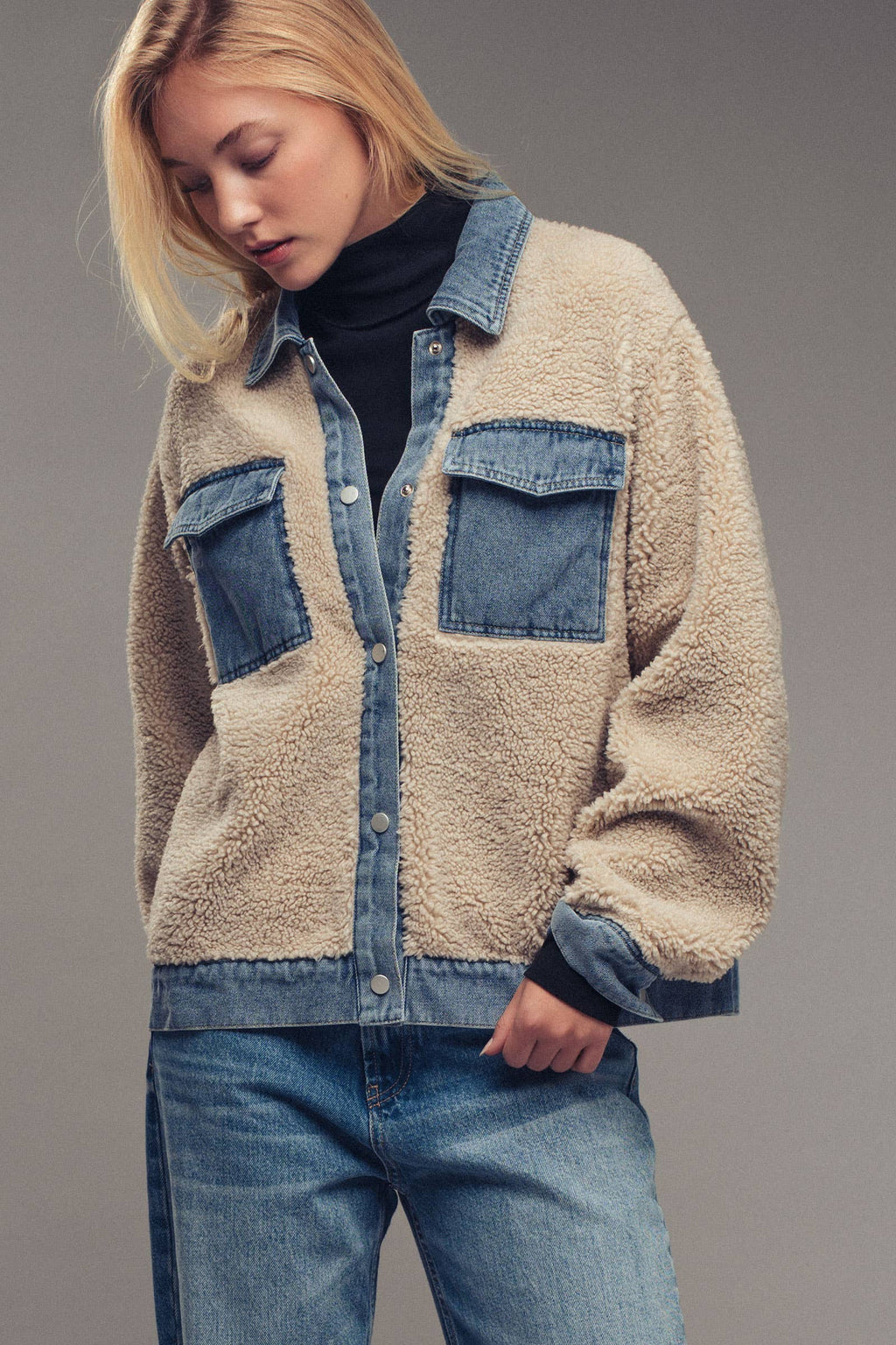 Denim Trim Cozy Sherpa Jacket