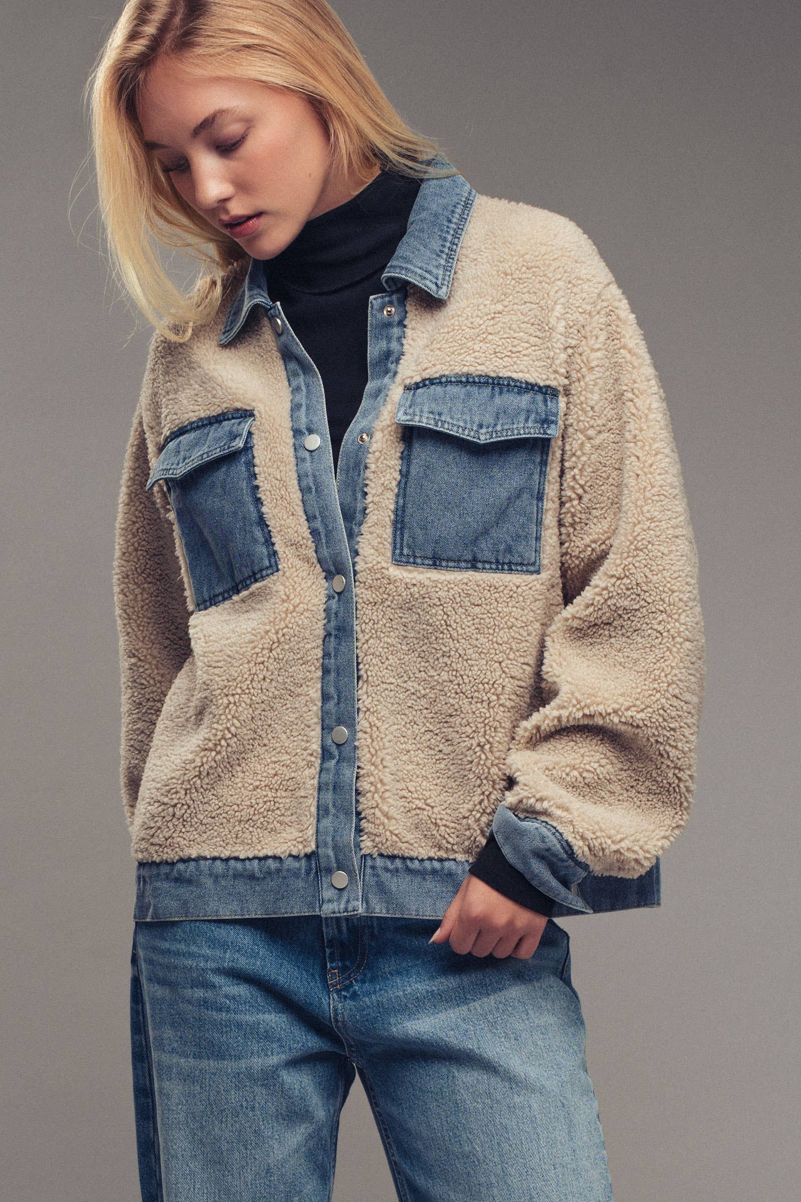 Denim Trim Cozy Sherpa Jacket
