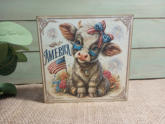 Highland Cow America Wood Block Sign - C