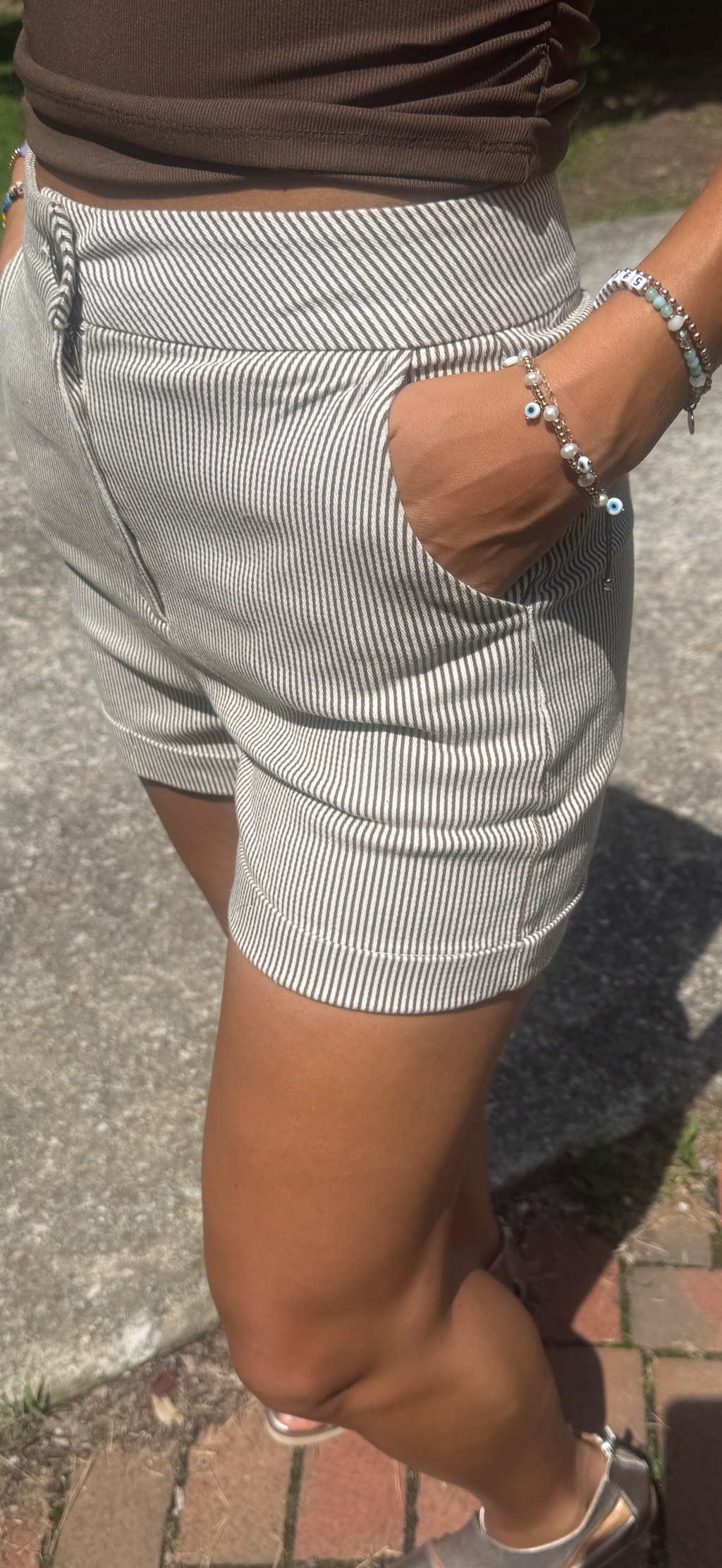 Pinstripe cuffed mini denim shorts