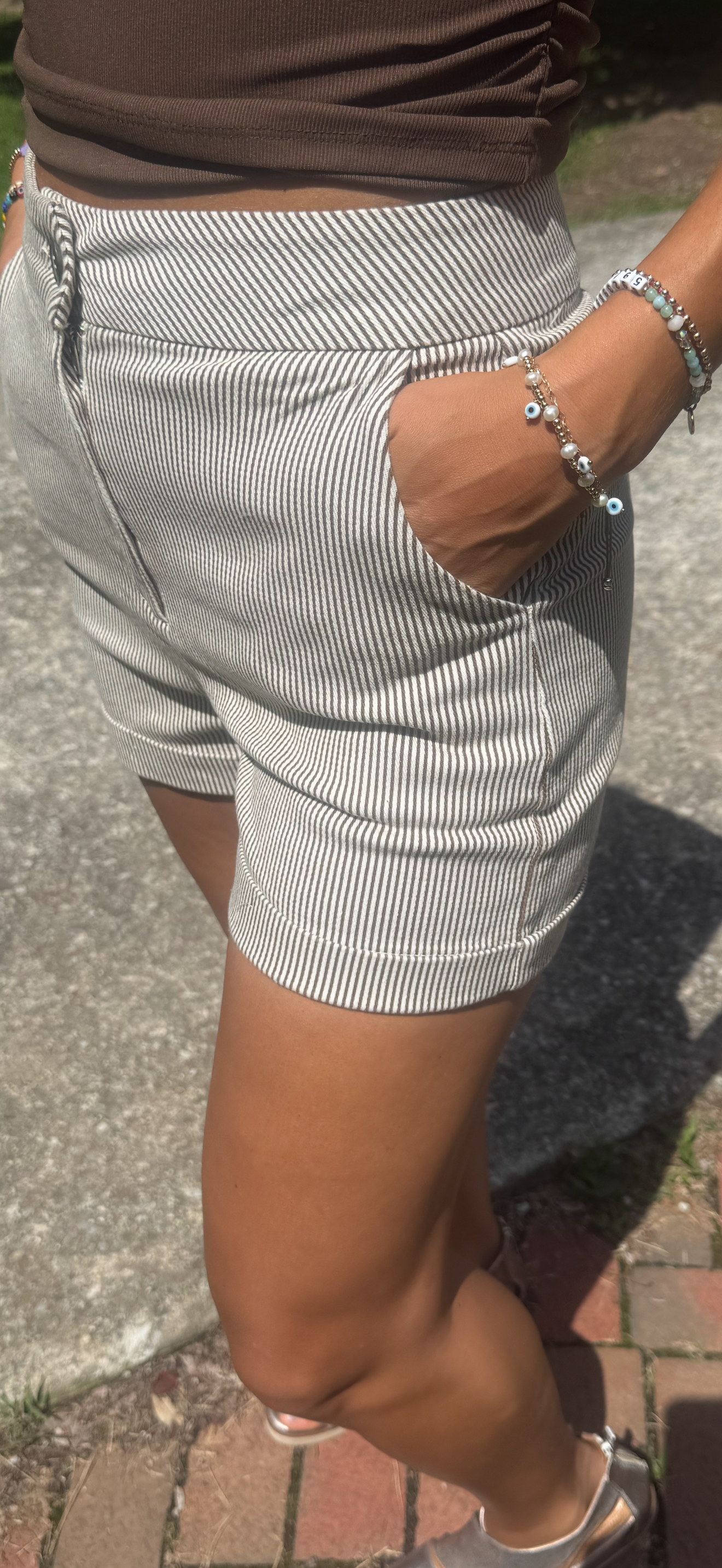 Pinstripe cuffed mini denim shorts