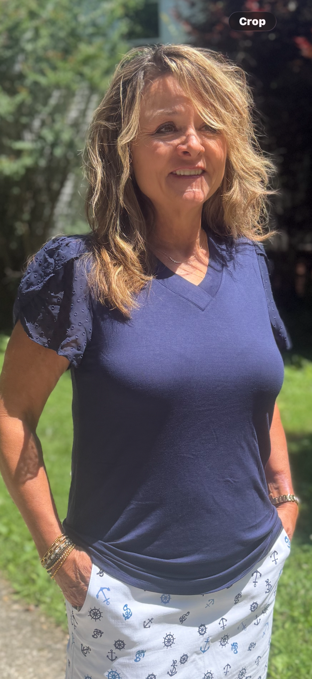 V neck chiffon navy top with lace sleeves