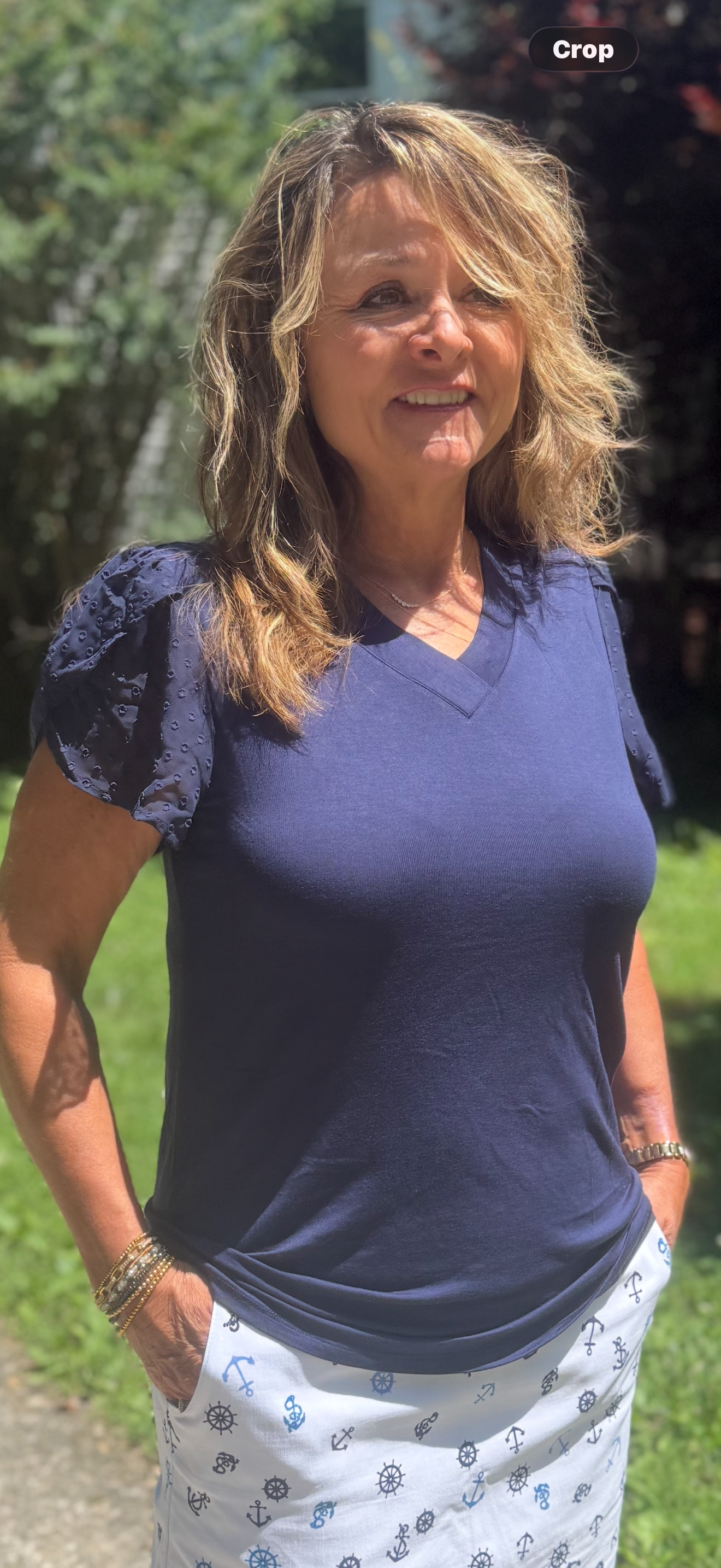 V neck chiffon navy top with lace sleeves