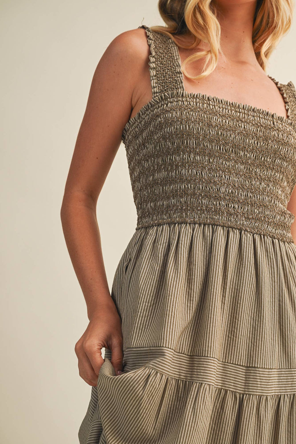 STRIPED SMOCKED-BODICE TIERED DRESS