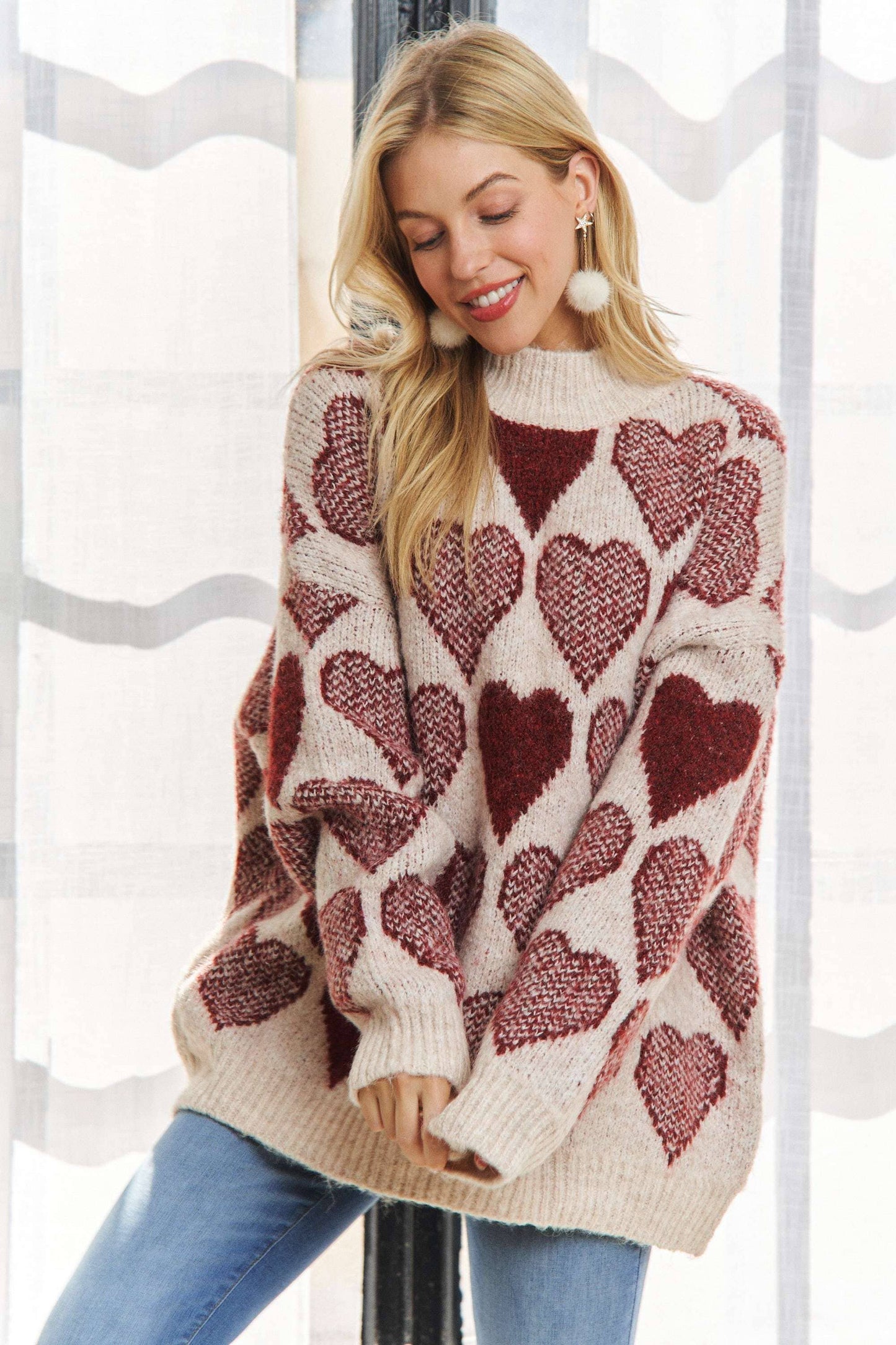 CESW2409 - MOCK NECK HEART PRINT PULLOVER SWEATER