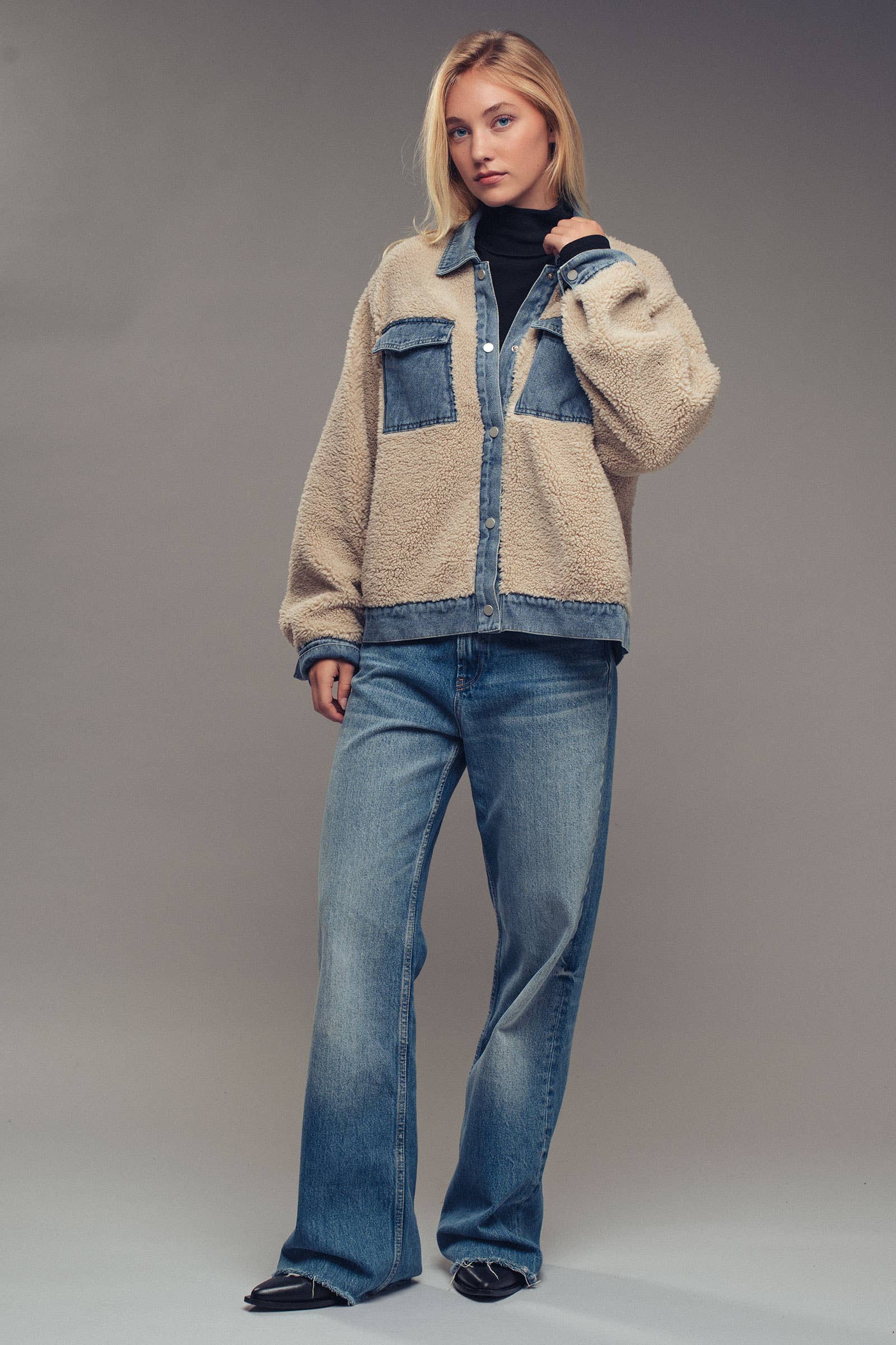 Denim Trim Cozy Sherpa Jacket