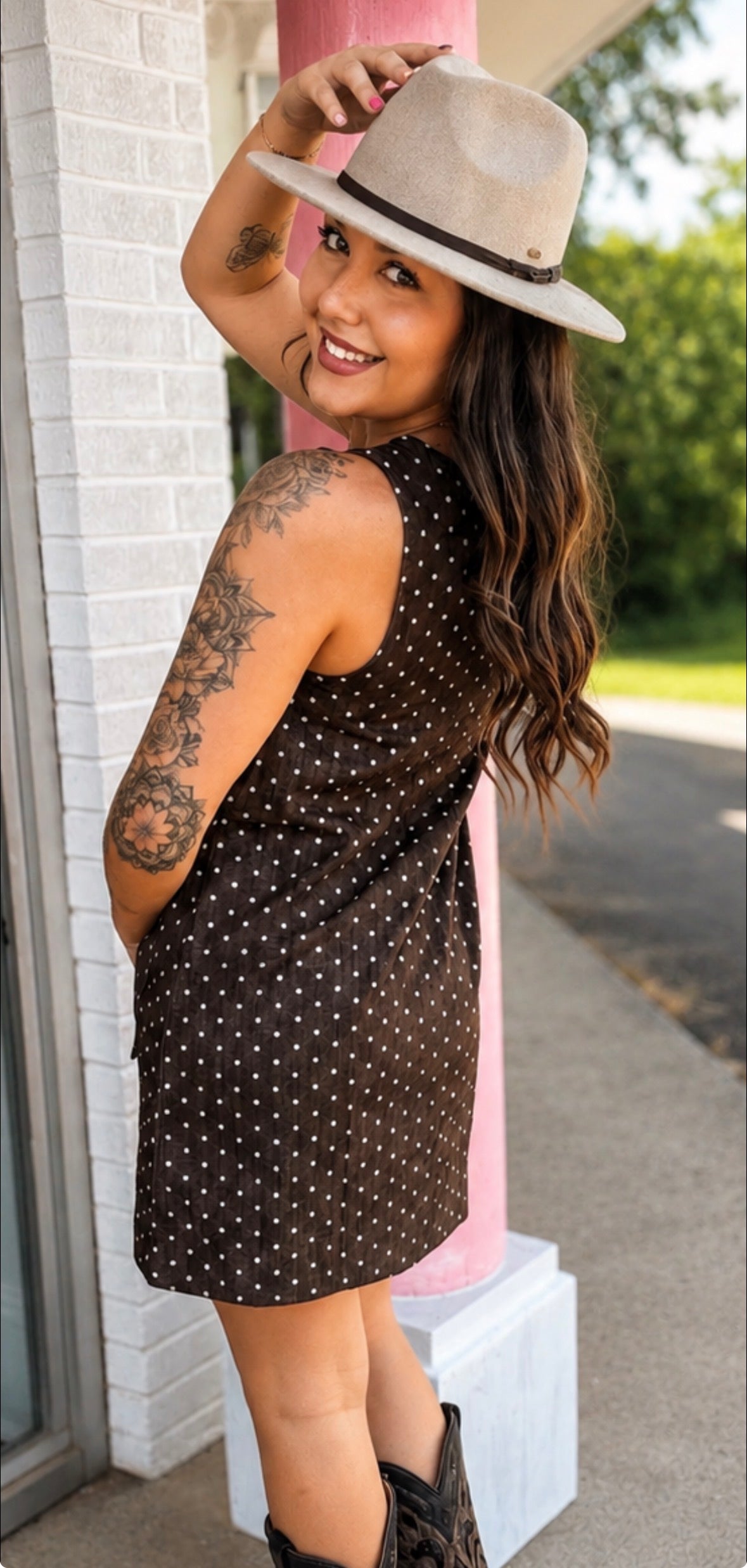 Brown Polka Dot  Denim Dress/Mustard Seed