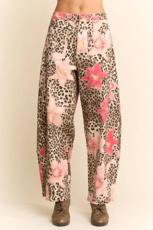 LEOPARD FLORAL PRINT RELAXED WIDE LEG PANTS