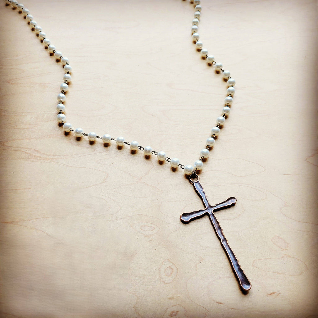 Pearl Long Beaded Necklace with Antique Copper Cross 255t