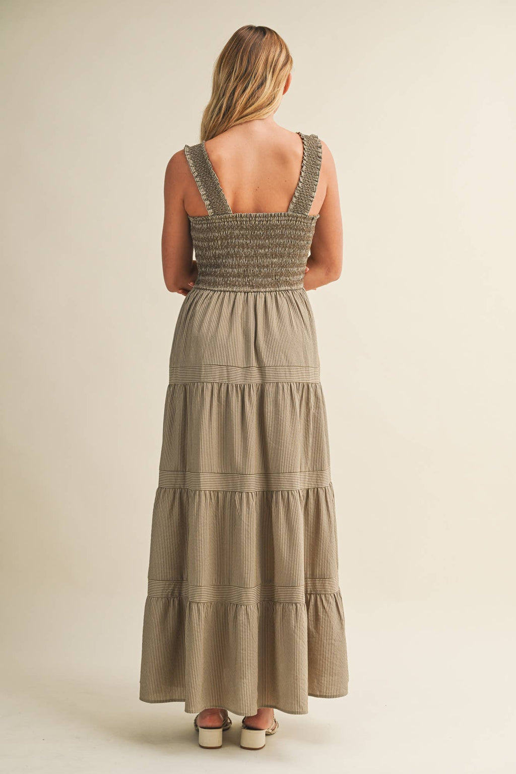 STRIPED SMOCKED-BODICE TIERED DRESS