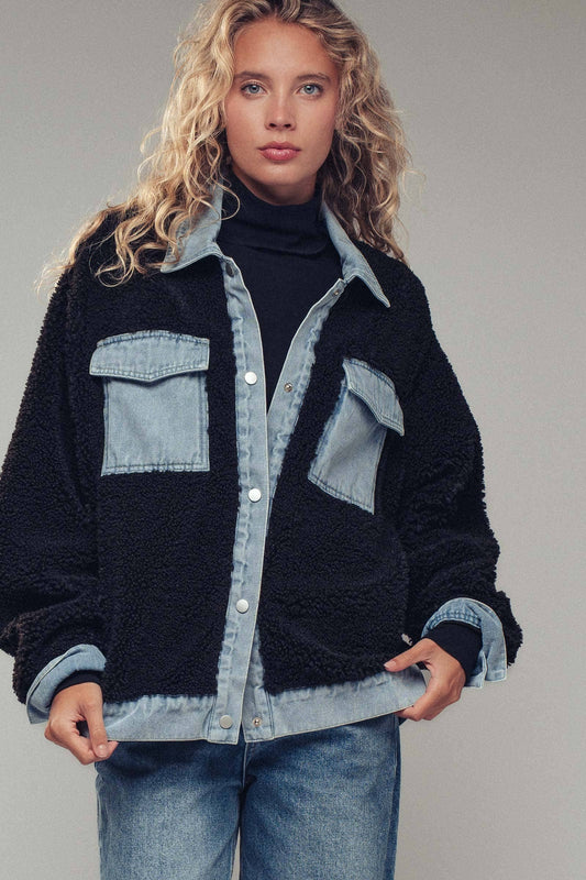 Denim Trim Cozy Sherpa Jacket