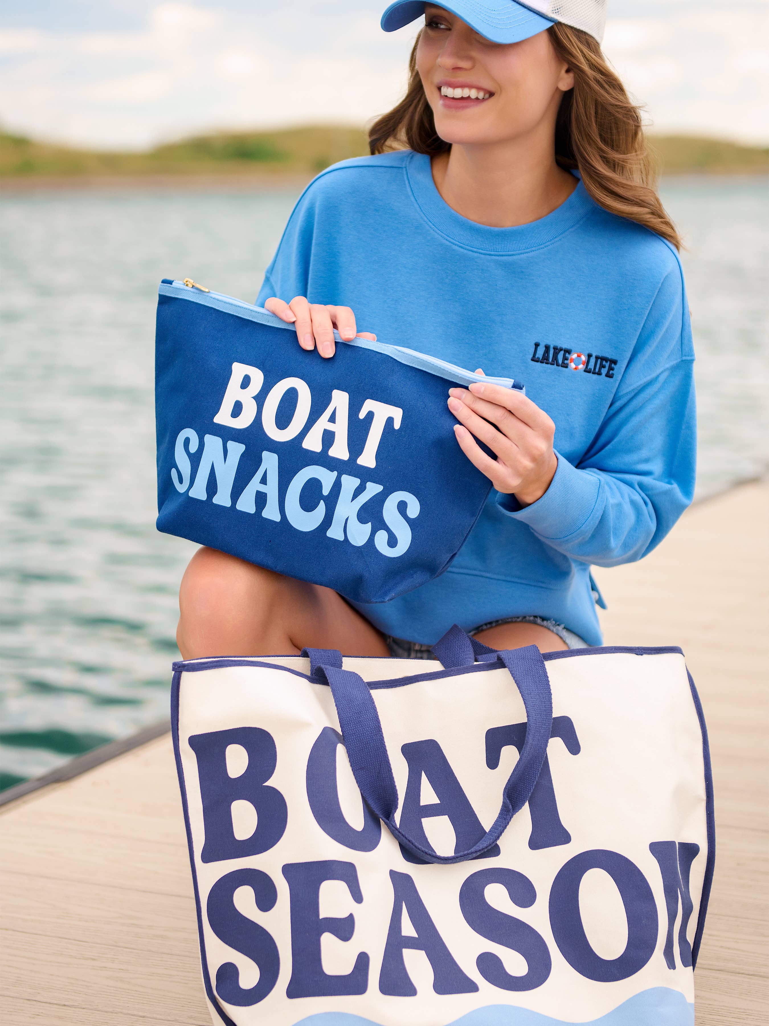 "BOAT SNACKS" LARGE ZIP POUCH,NAVY