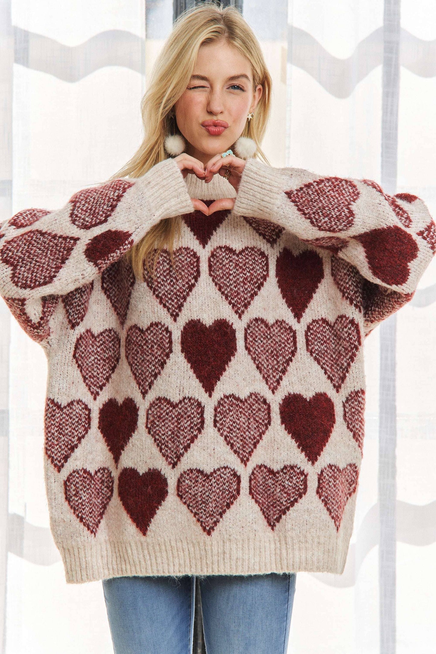 CESW2409 - MOCK NECK HEART PRINT PULLOVER SWEATER