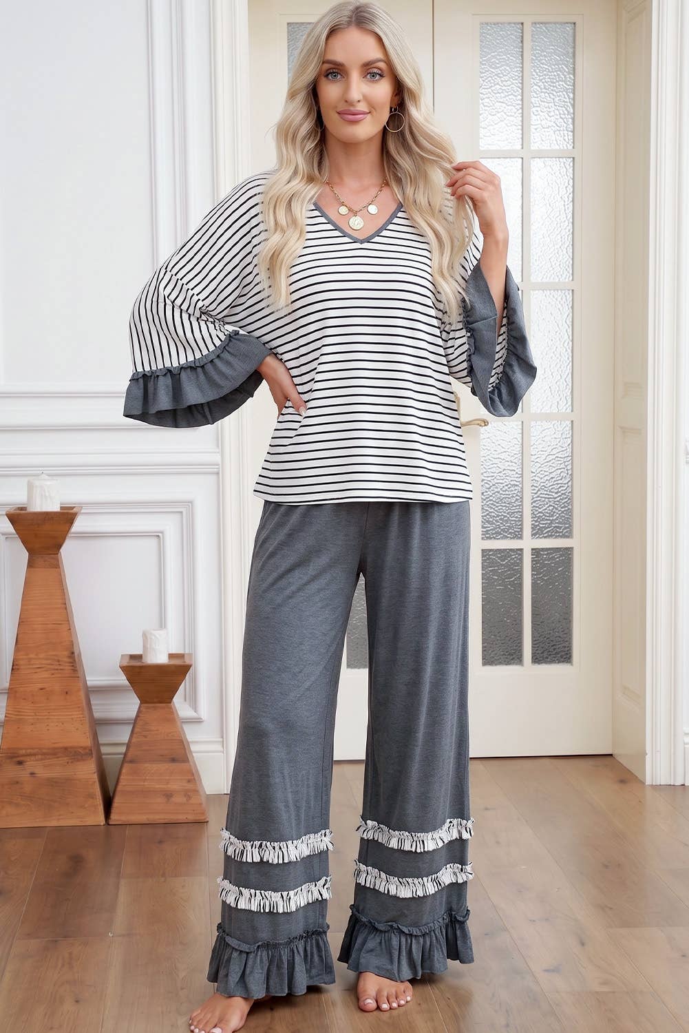 Stripe V Neck Ruffle Sleeve Drawstring Pants 2pcs Set (S-XL)