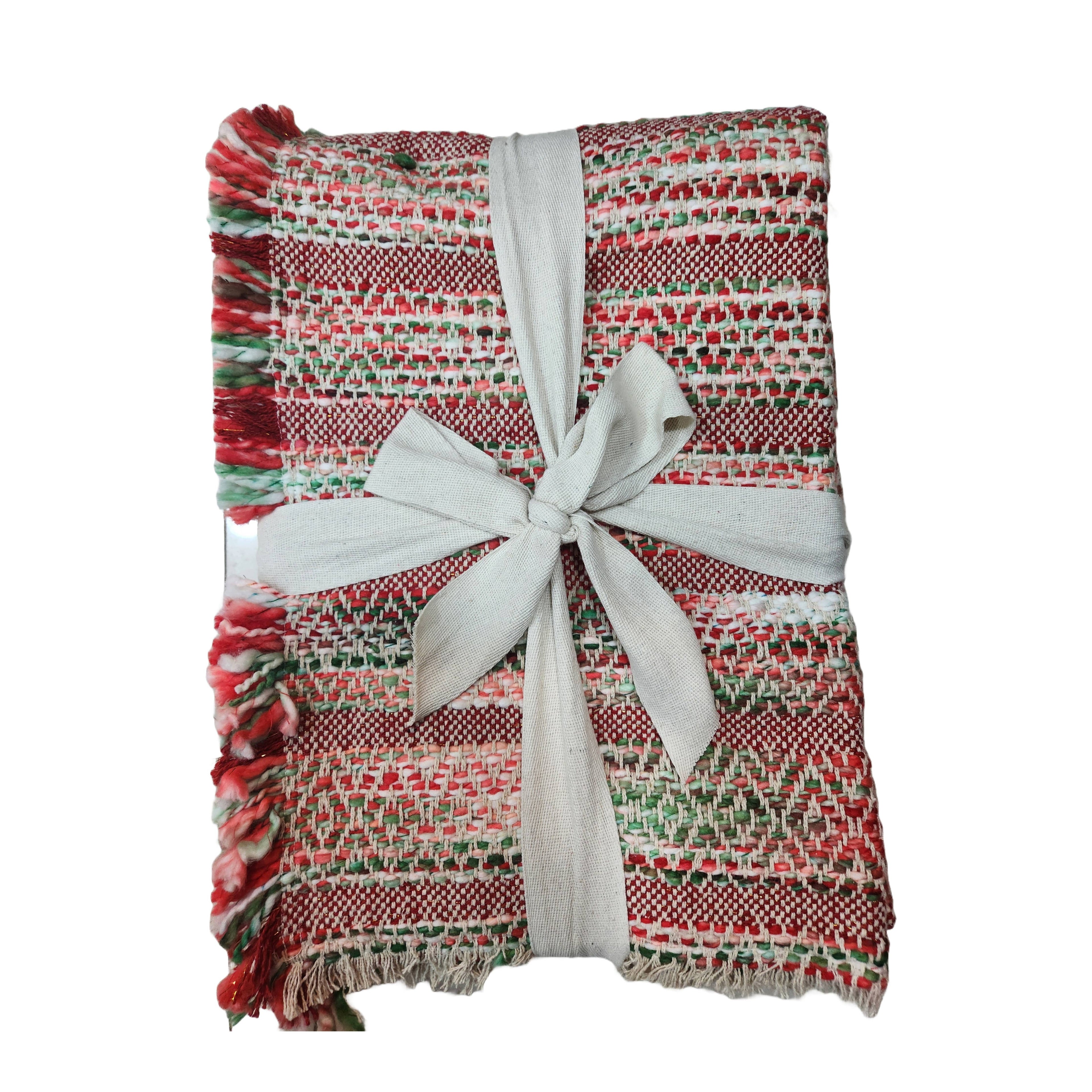 50X60 Woven Throw Blanket, Red, Green, Cream