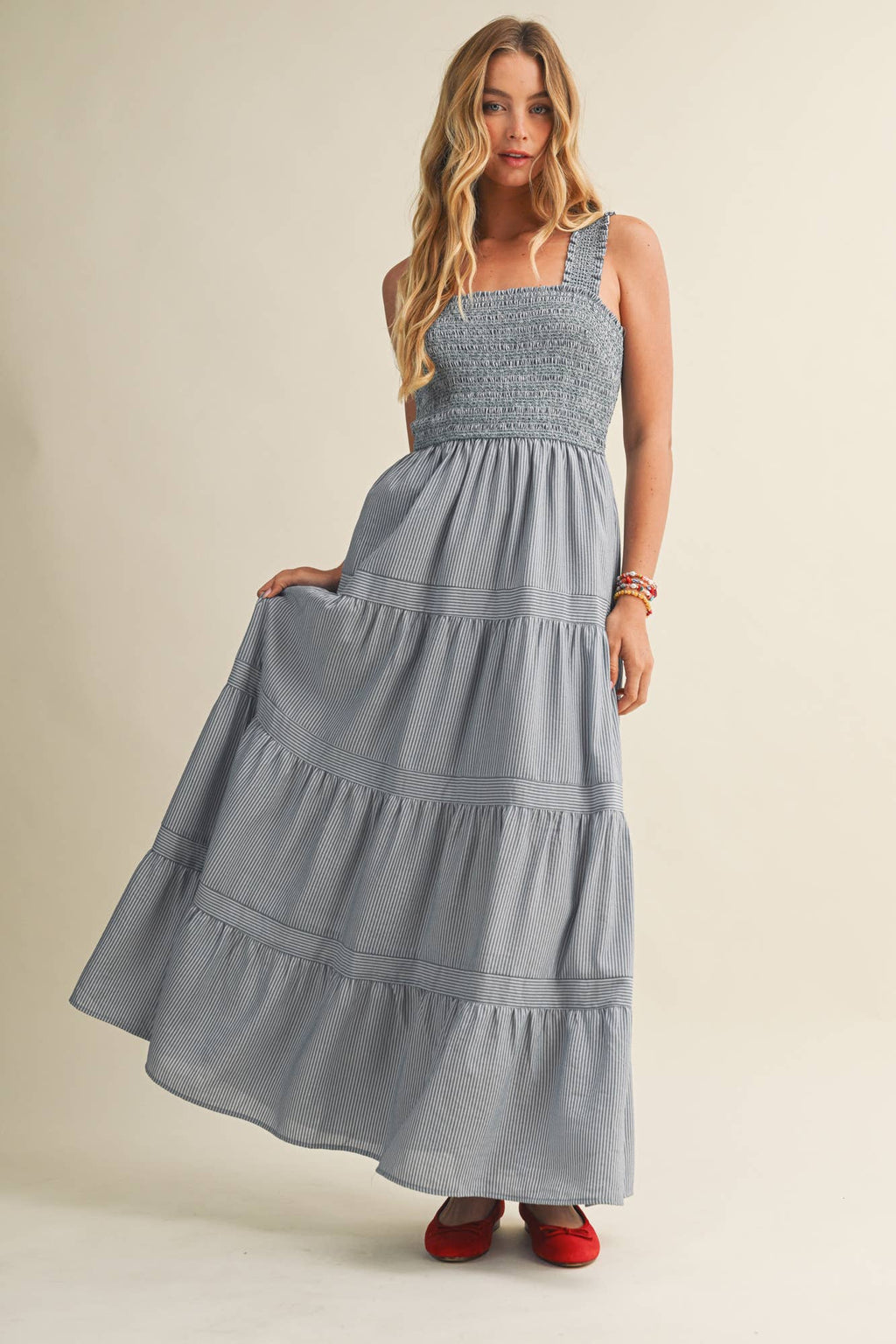 STRIPED SMOCKED-BODICE TIERED DRESS