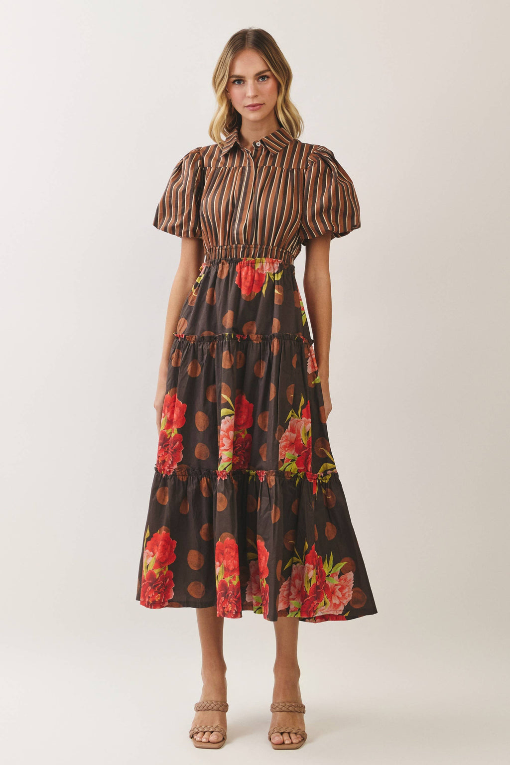 CD07570-Mixed Print Puff Sleeve Tiered Midi Dress