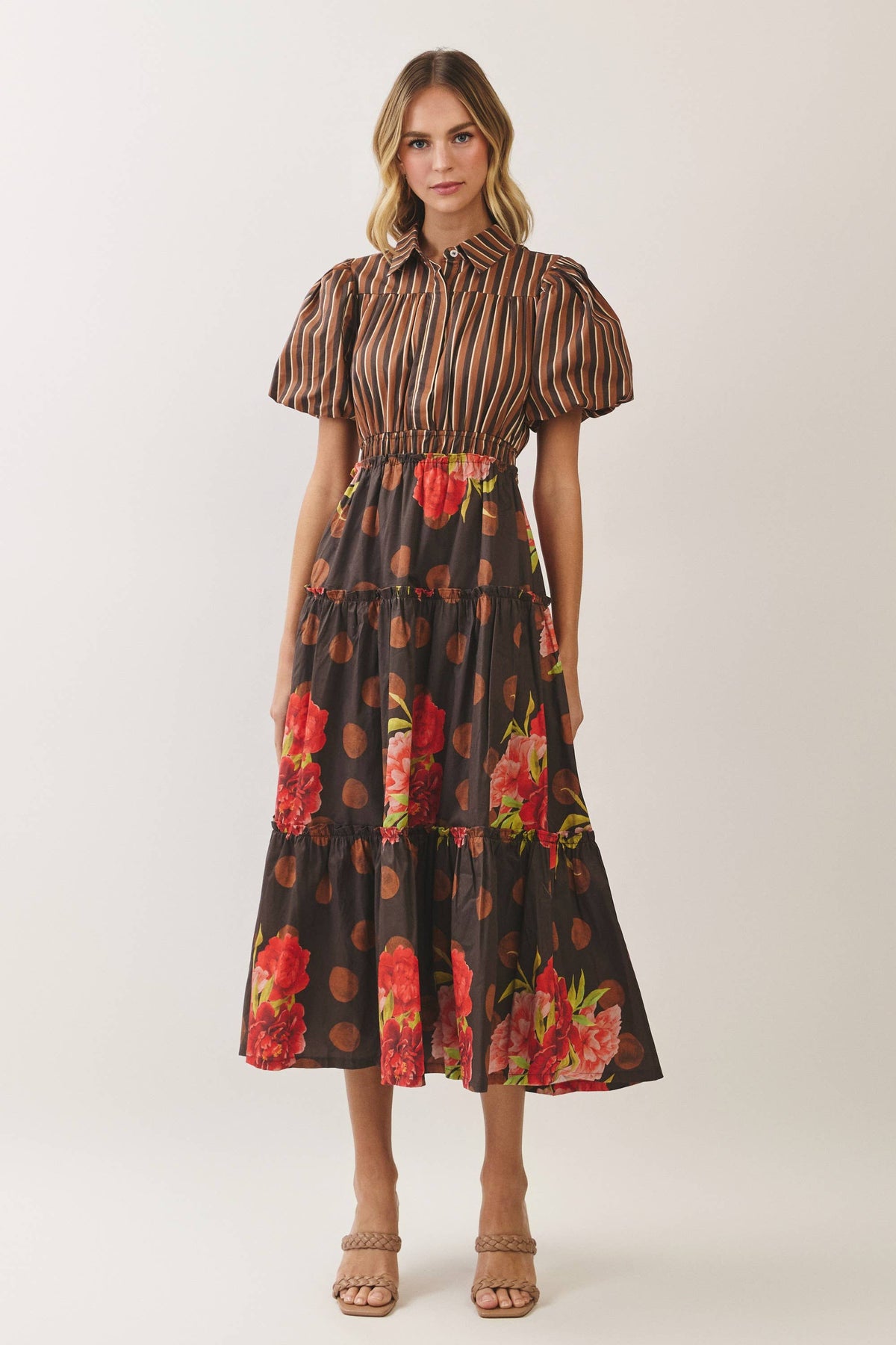 CD07570-Mixed Print Puff Sleeve Tiered Midi Dress