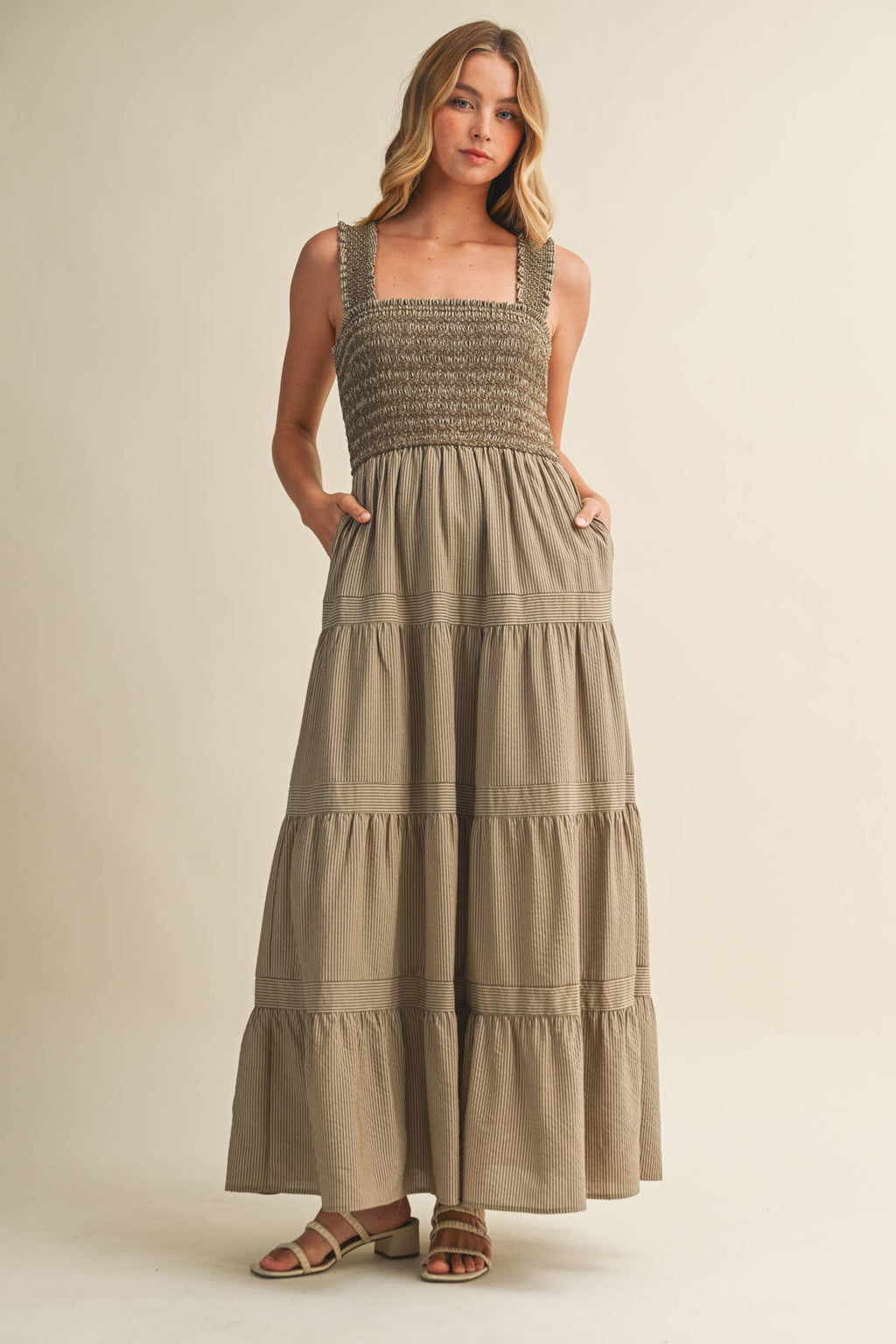 STRIPED SMOCKED-BODICE TIERED DRESS