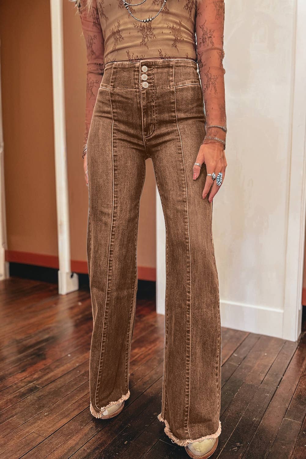 66Western High Waist Button Fly Seamed Raw Hem Flare Jeans