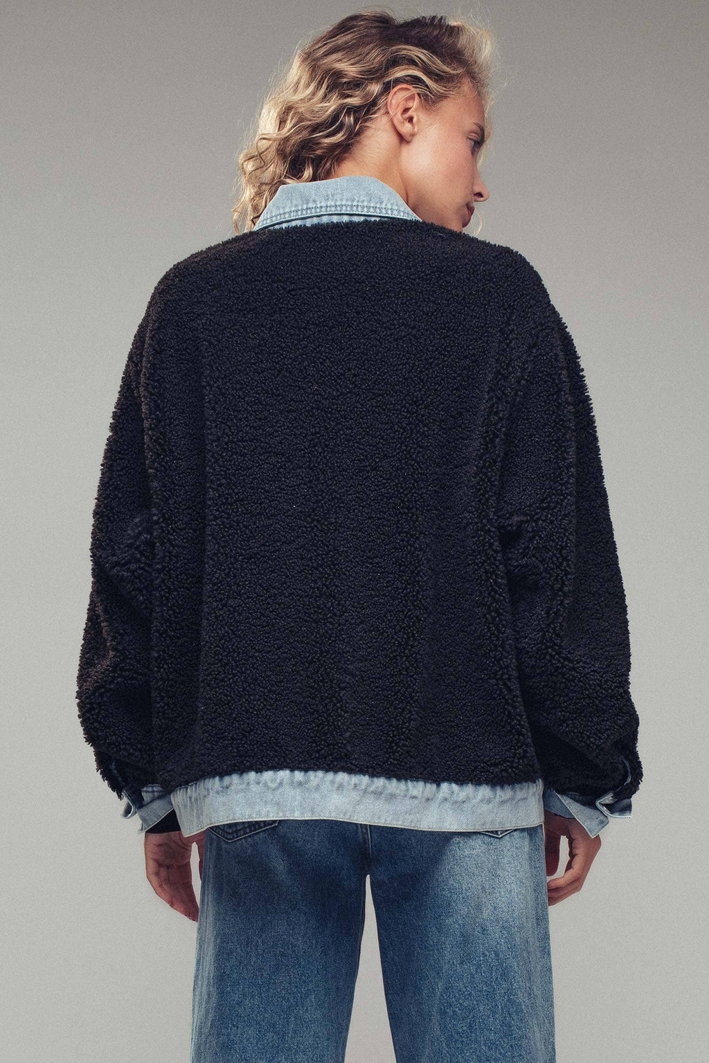 Denim Trim Cozy Sherpa Jacket