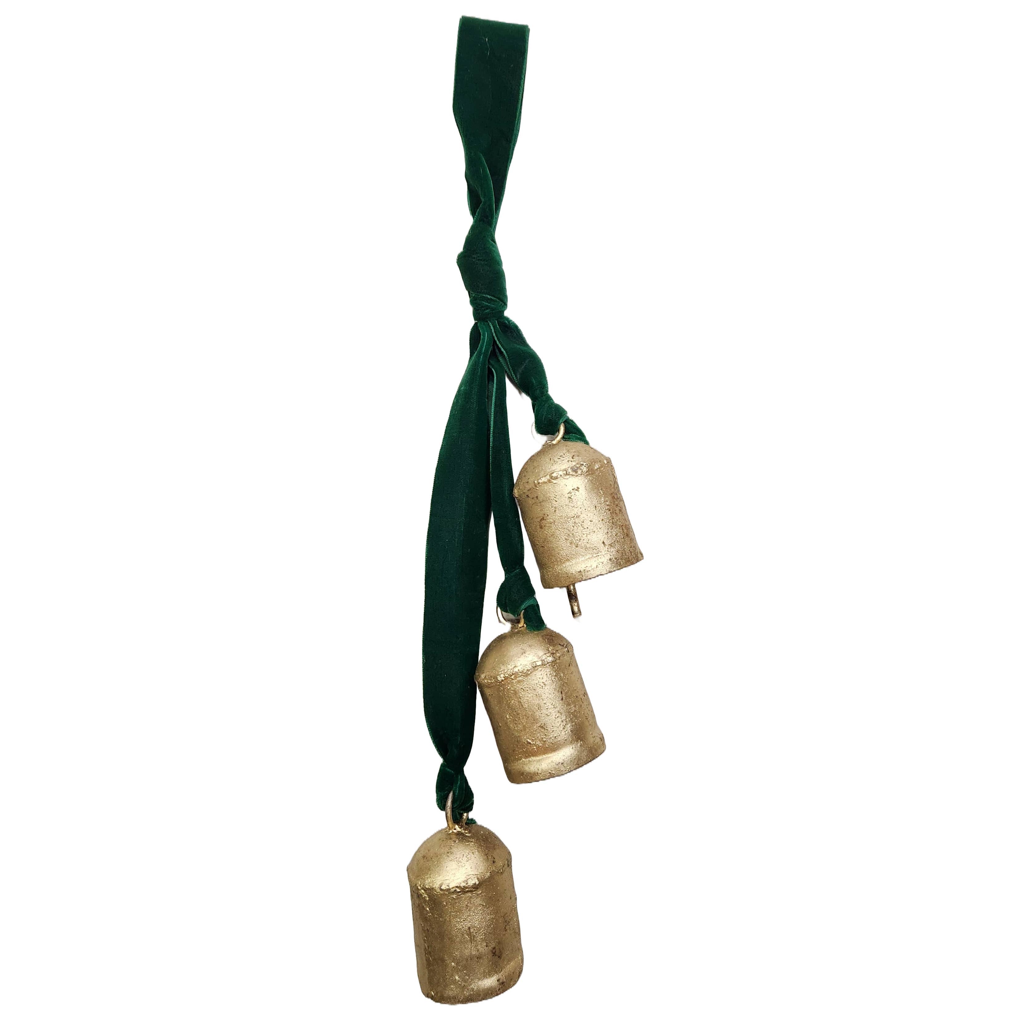 Metal Bell Trio tied with a lush green velvet ribbon