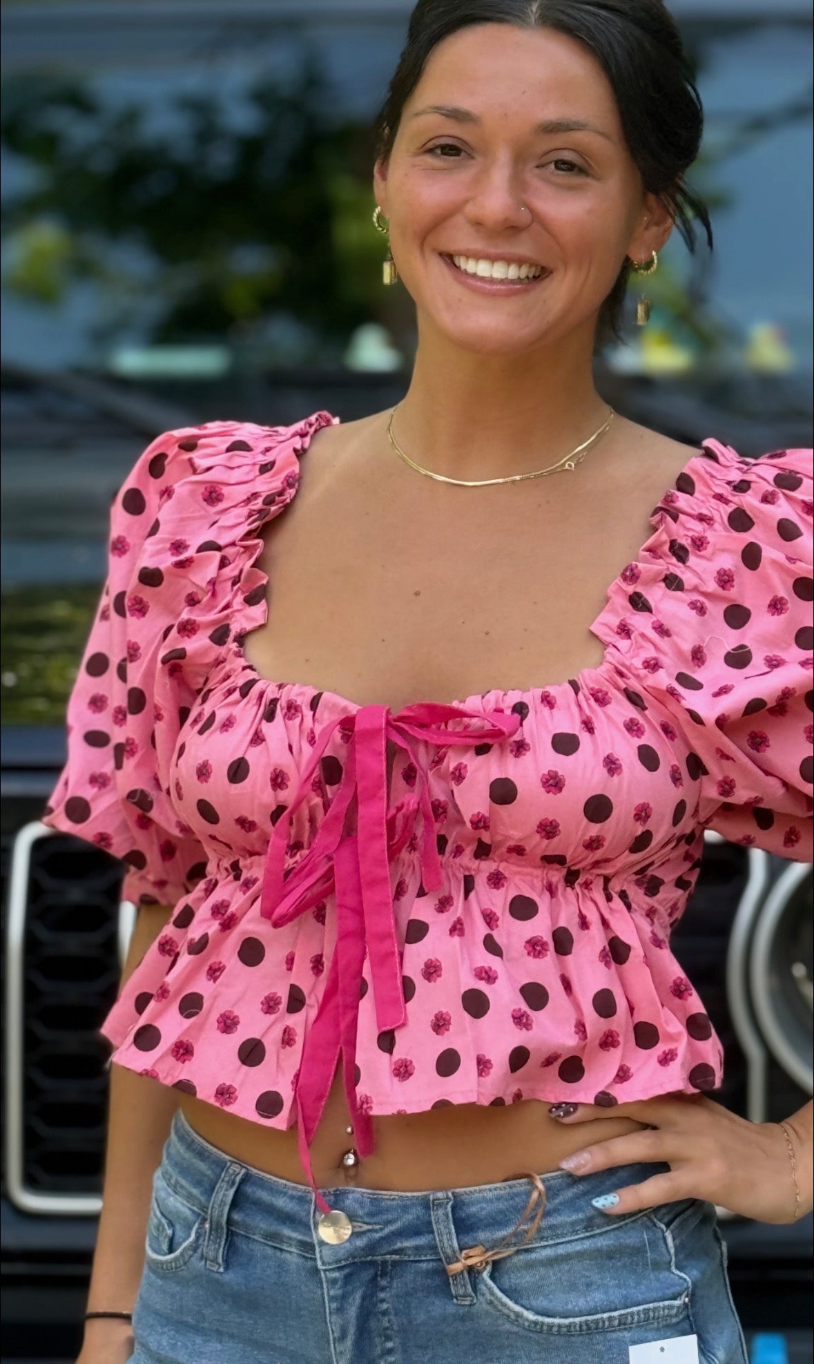 Pink top with Burgundy Polka Dots