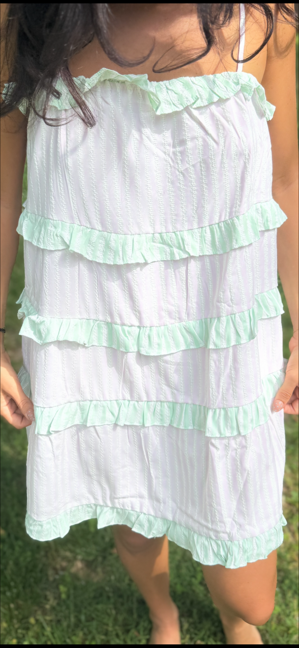 Pink and Green Stripped  Ruffle Mini Dress