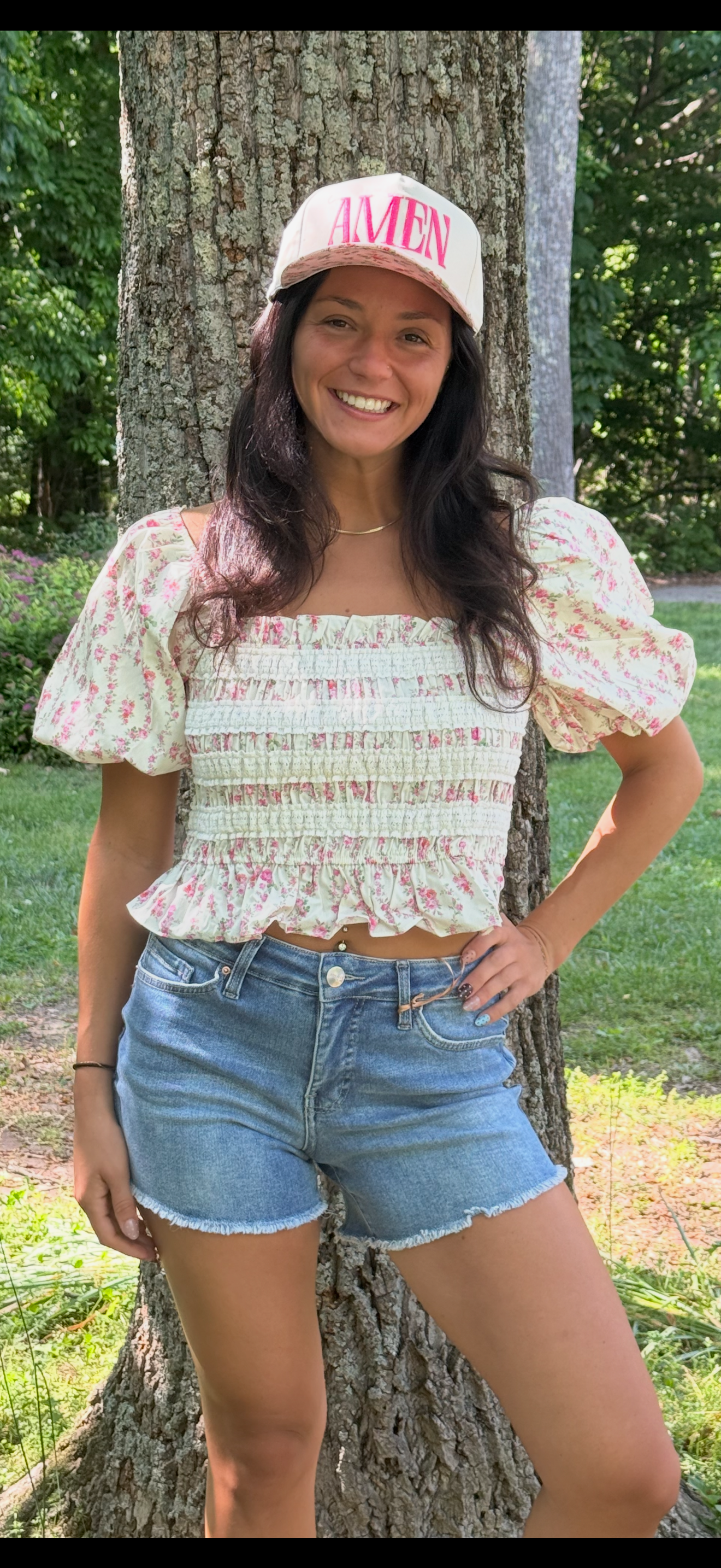 Cotton Poplin Lace Smoked Top with Bubble sleeves