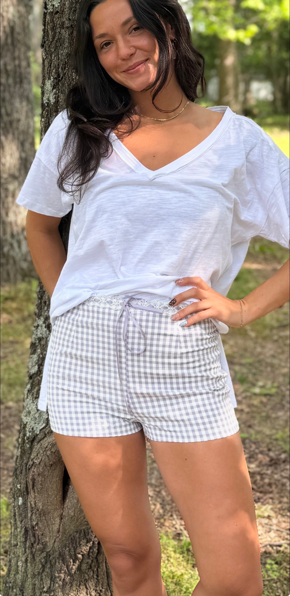 Gingham Scallop Trim Shorts Purple