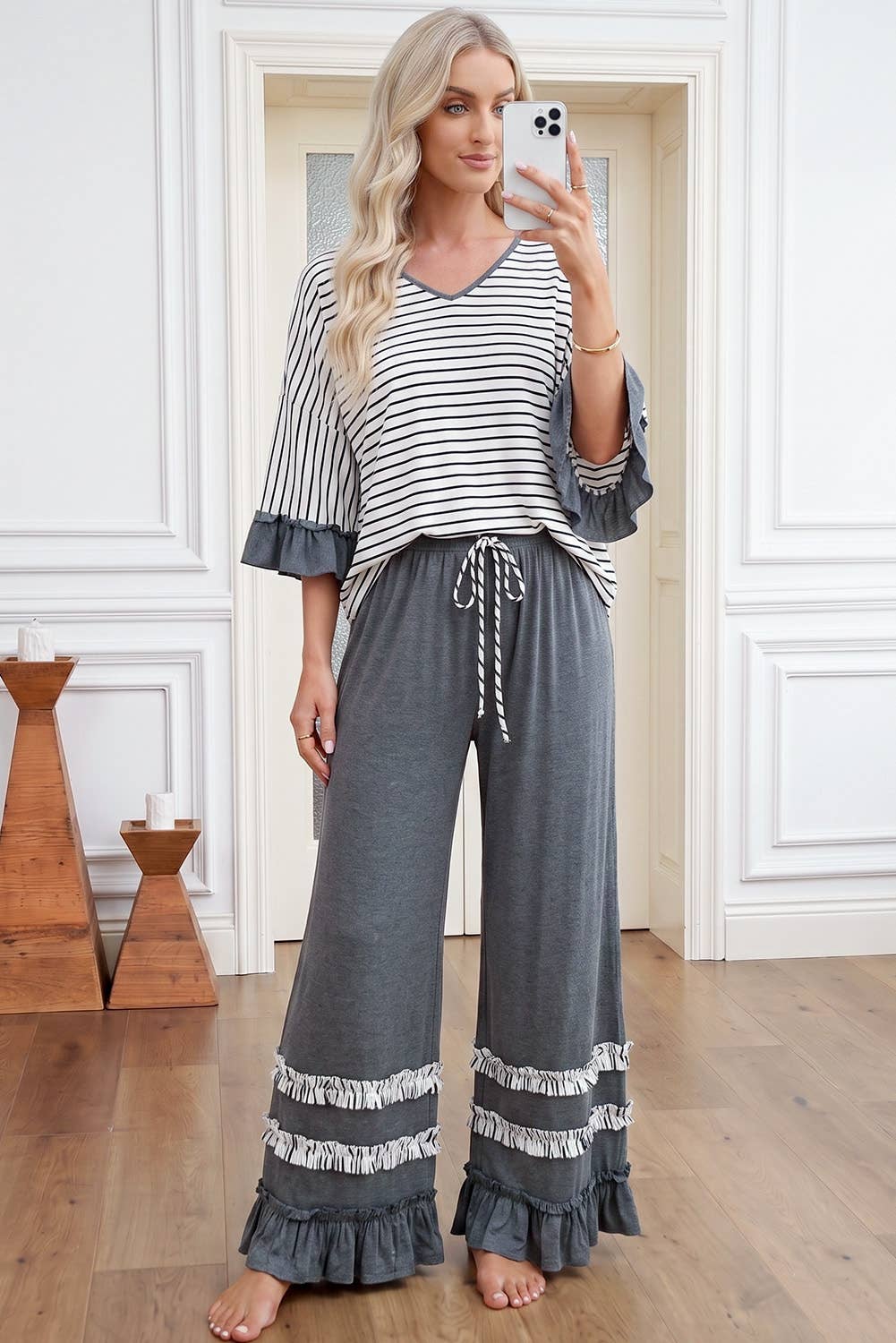 Stripe V Neck Ruffle Sleeve Drawstring Pants 2pcs Set (S-XL)