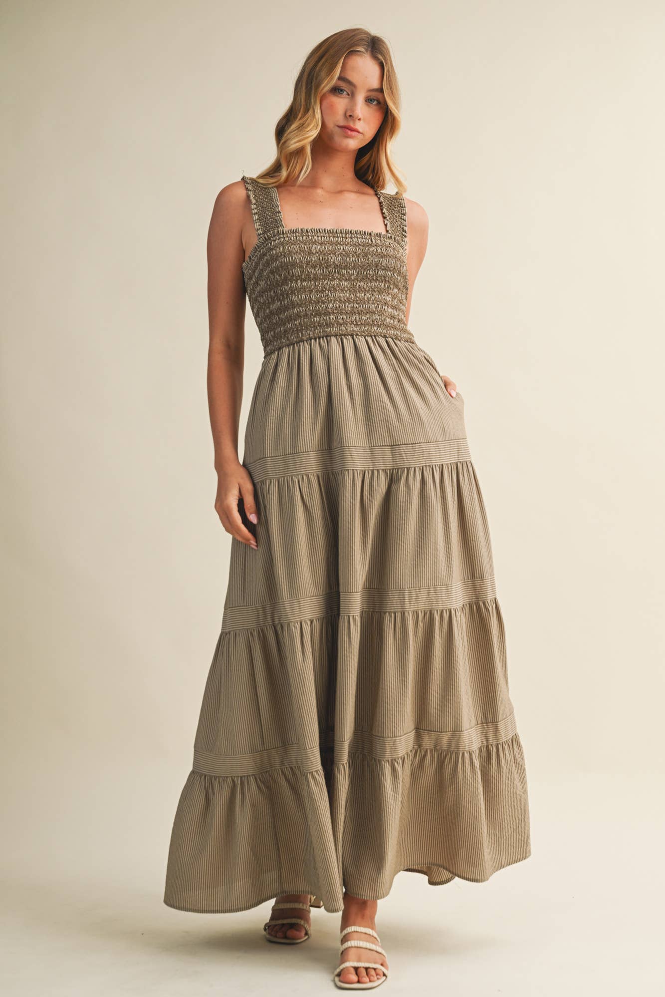 STRIPED SMOCKED-BODICE TIERED DRESS