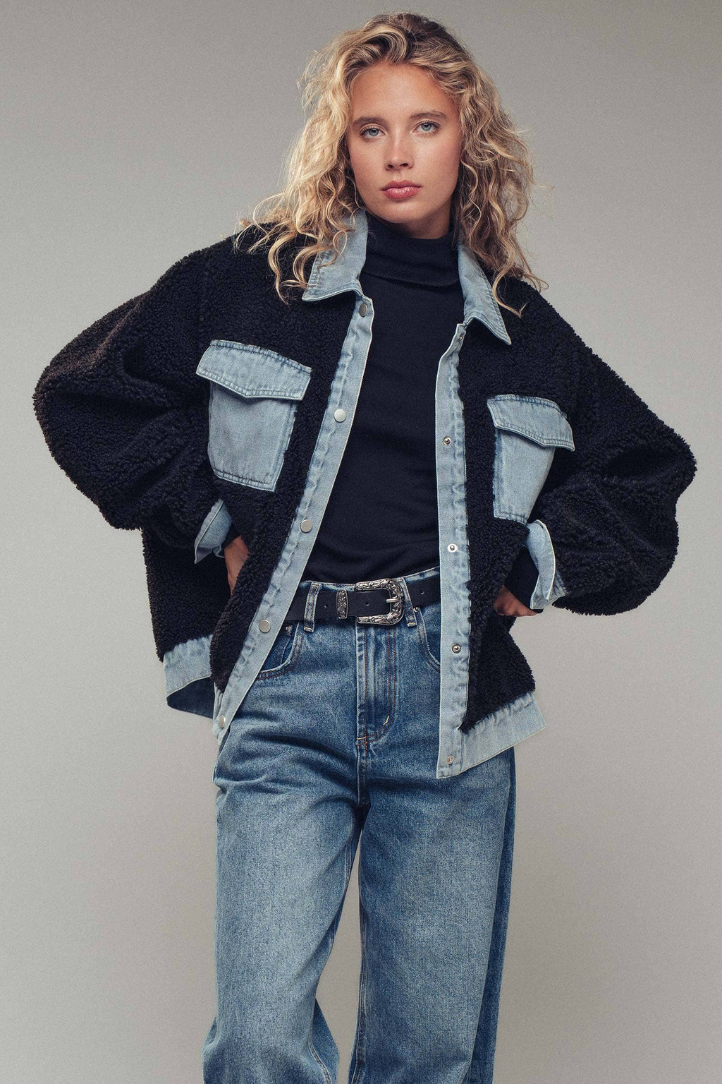 Denim Trim Cozy Sherpa Jacket