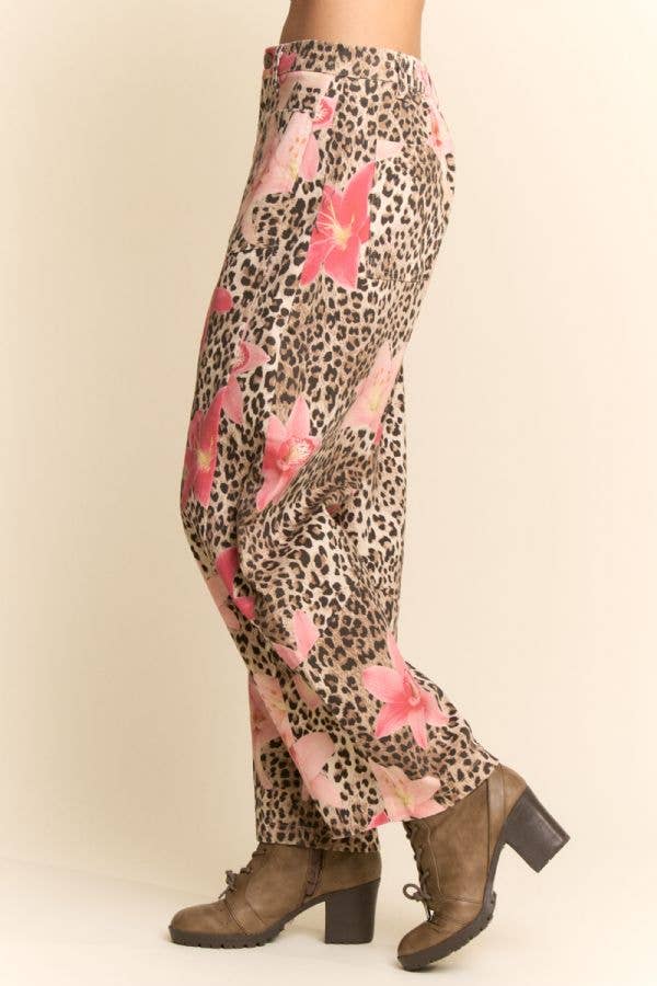 LEOPARD FLORAL PRINT RELAXED WIDE LEG PANTS